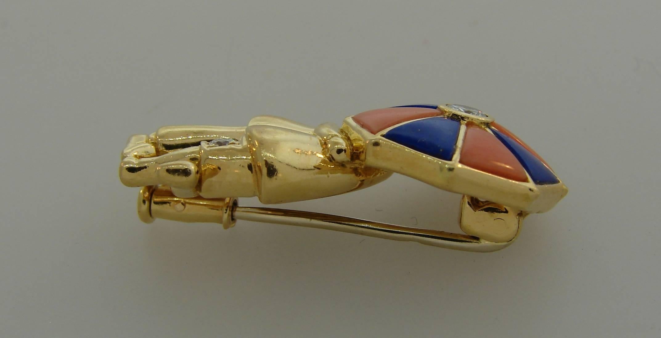 Women's or Men's Van Cleef & Arpels Yellow Gold Brooch Pin Clip with Lapis Coral Diamond VCA 1950