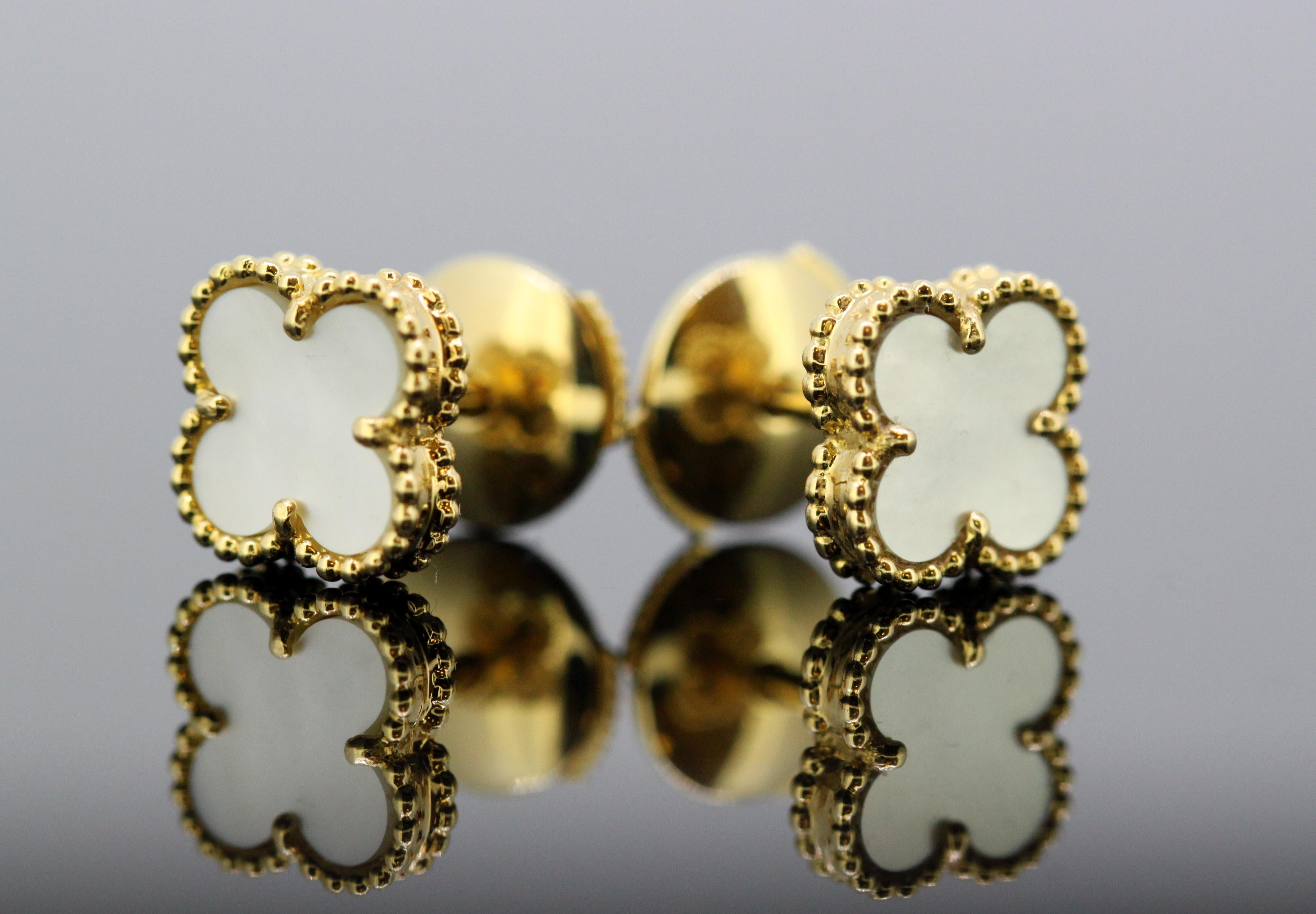 Women's Van Cleef Alhambra 18 Karat Gold Stud Earrings with Mother of Pearl