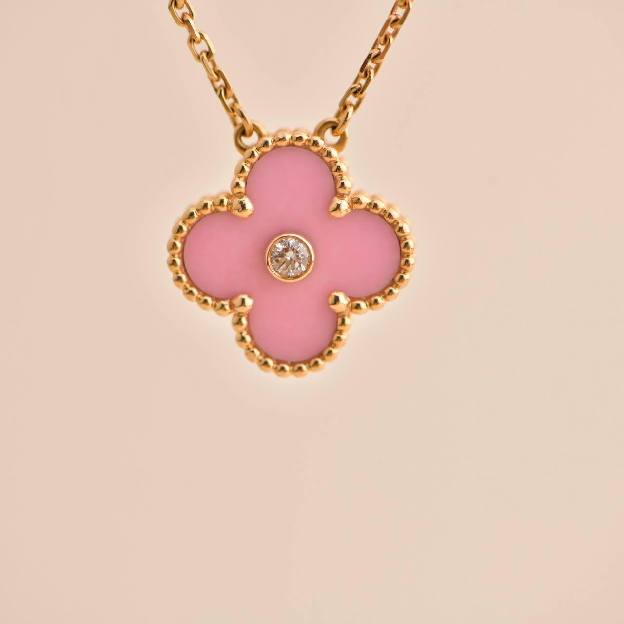 Round Cut Van Cleef Alhambra 2015 Holiday Diamond Pink Sèvres Porcelain Pendant Necklace