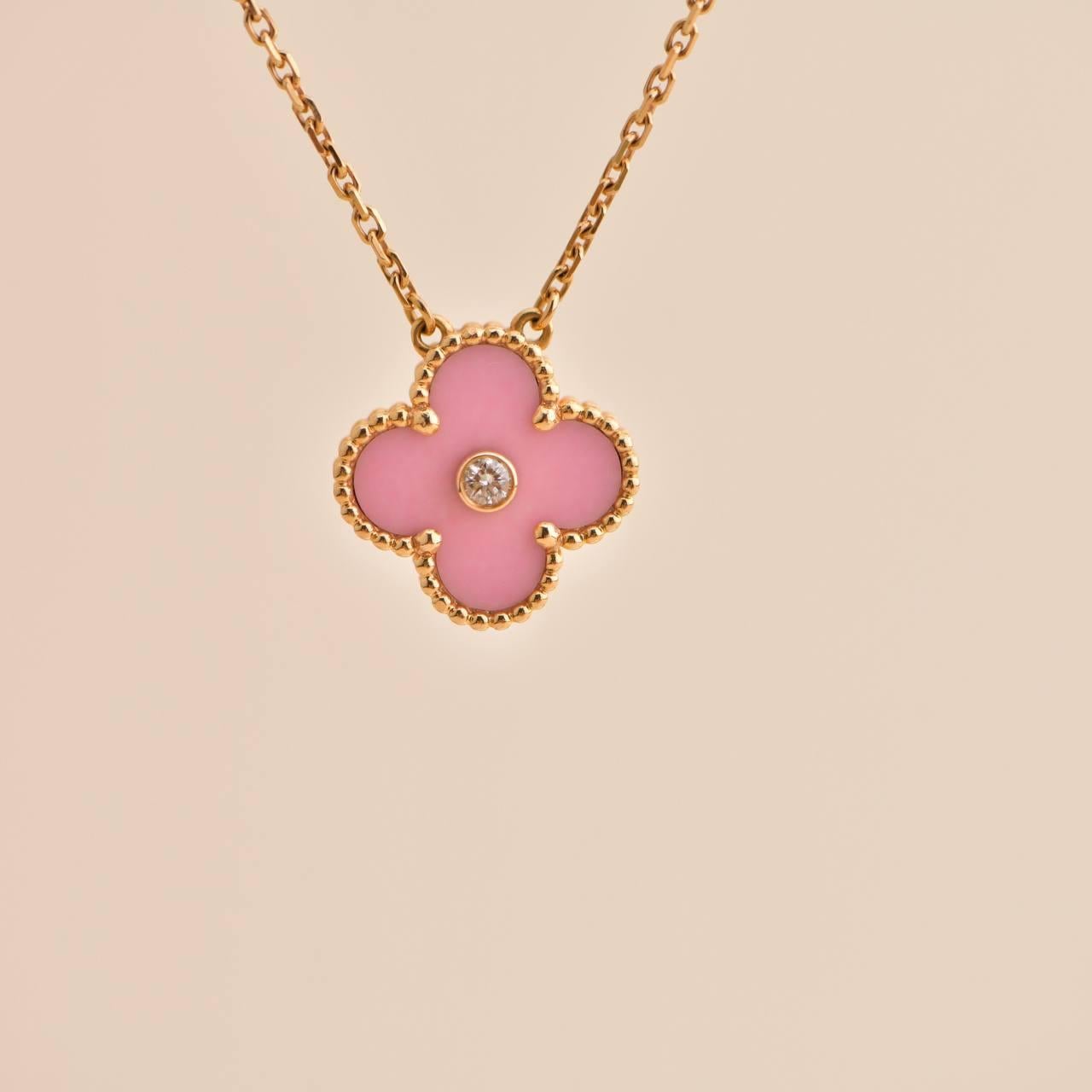 Round Cut Van Cleef Alhambra 2015 Holiday Diamond Pink Sèvres Porcelain Pendant Necklace For Sale