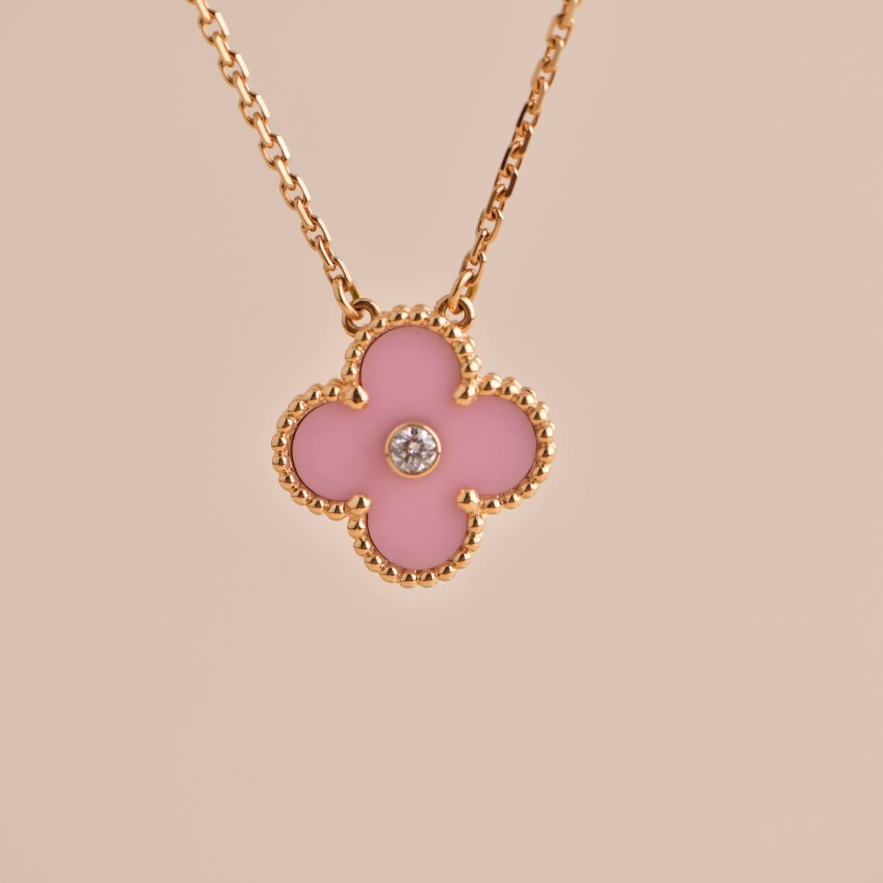 Van Cleef Alhambra 2015 Holiday Diamond Pink Sèvres Porcelain Pendant Necklace In Excellent Condition In Banbury, GB