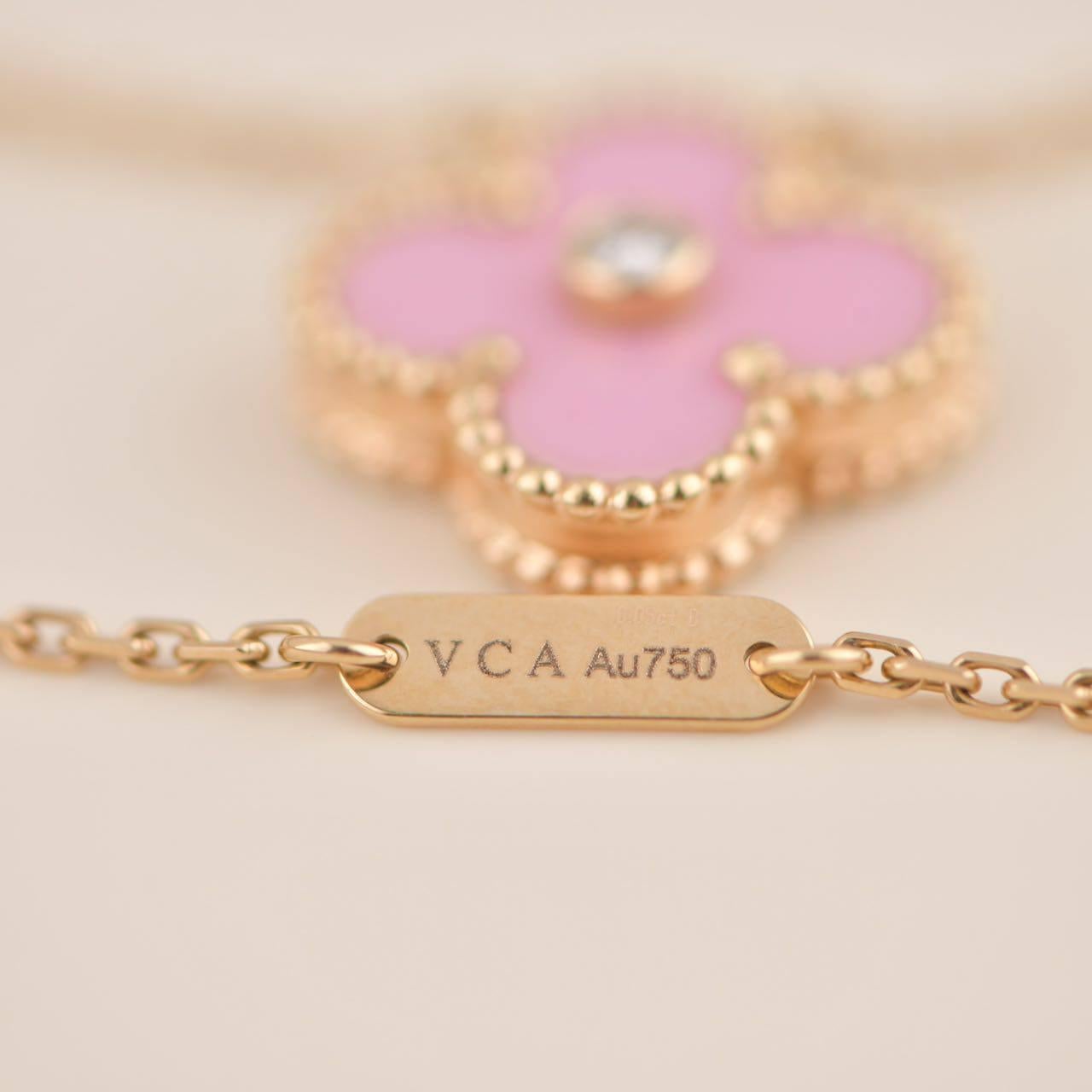 Women's or Men's Van Cleef Alhambra 2015 Holiday Diamond Pink Sèvres Porcelain Pendant Necklace