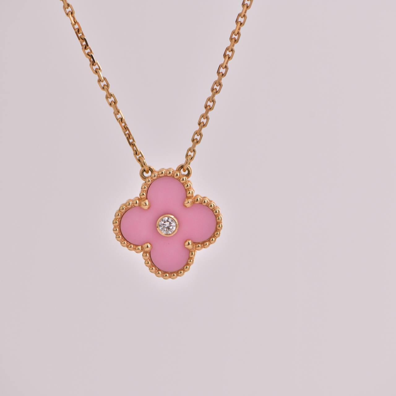 Van Cleef Alhambra 2015 Holiday Diamond Pink Sèvres Porcelain Pendant Necklace 2