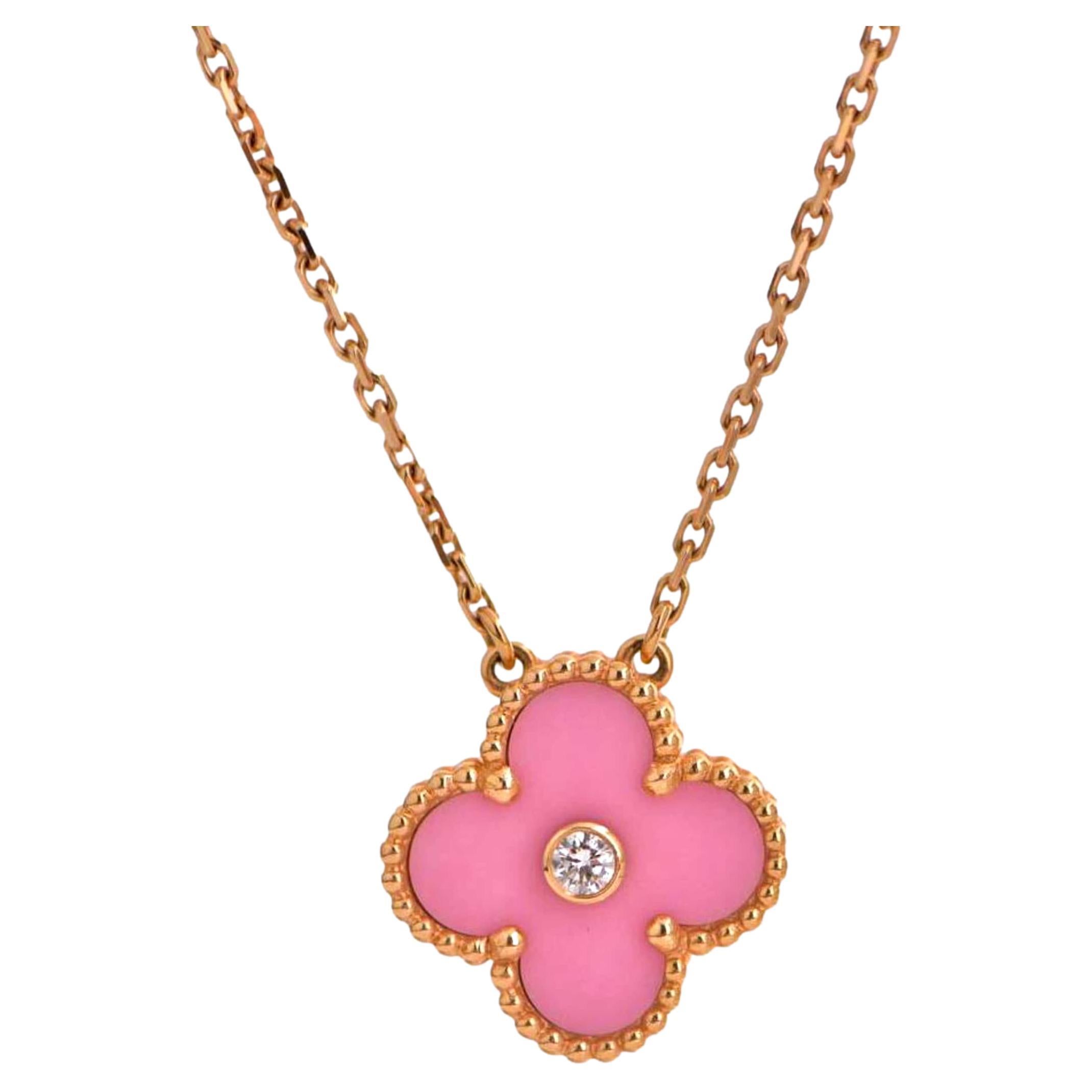 Van Cleef Alhambra 2015 Holiday Diamond Pink Sèvres Porcelain Pendant Necklace