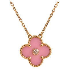 Vintage Van Cleef Alhambra 2015 Holiday Diamond Pink Sèvres Porcelain Pendant Necklace