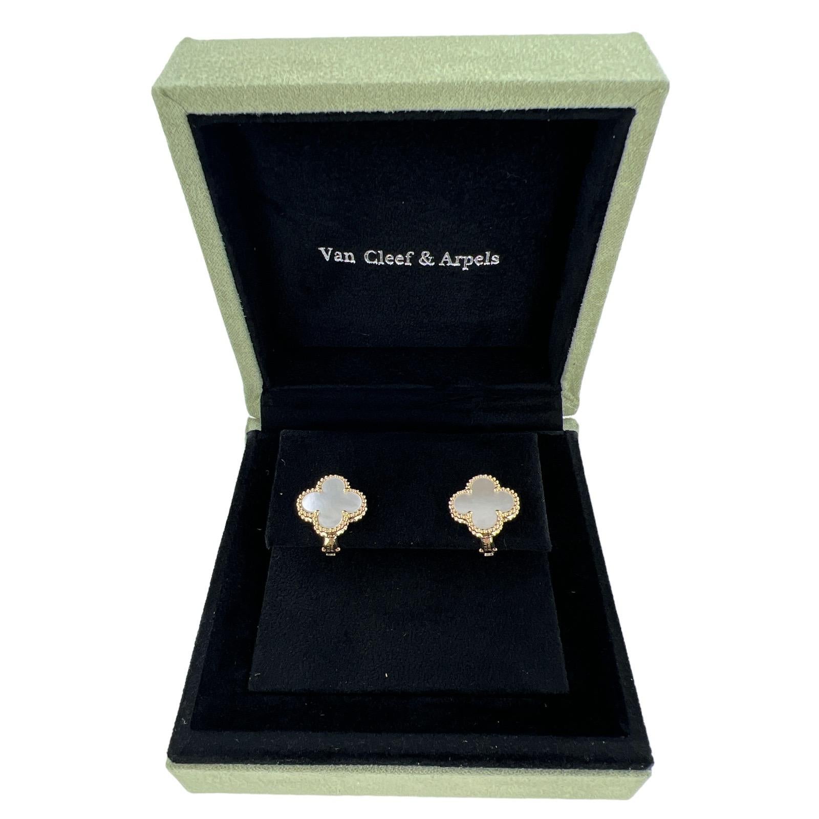 Authentic Van Cleef & Arpels Vintage Alhambra Mother of Pearl earrings crafted in 18 karat yellow gold.  The earrings measures 15 x 15mm, they are signed, hallmarked and numbered. Come in original box with original paperwork. Circa 2019.

