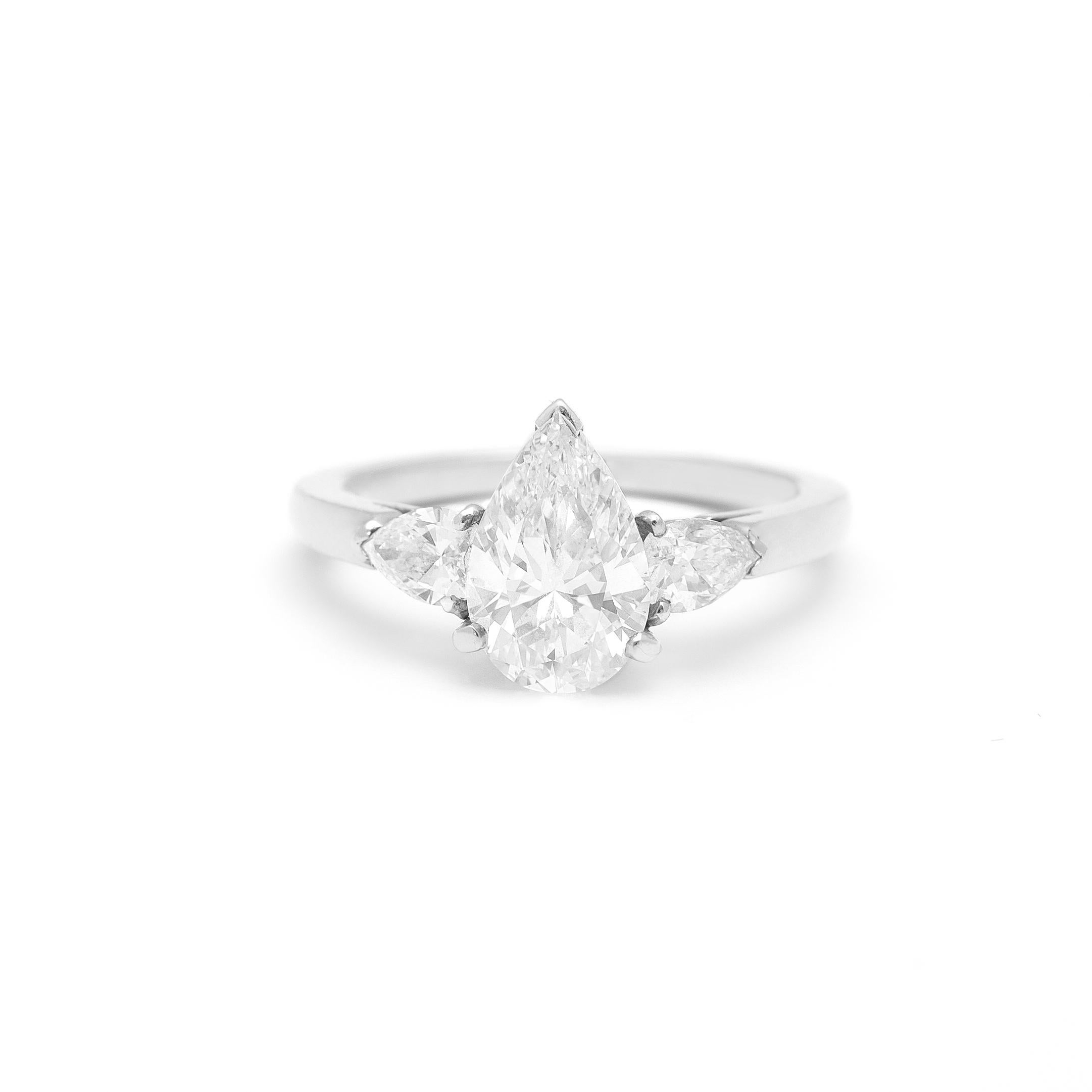 Van Cleef and Arpels 1.51 carat Pear Shape D Vvs1 Solitaire White Gold 18K Ring.
1.51 carat Pear Shape D Vvs1 according to a French Laboratory certificate from 1998.
The central Diamond is shouldered each side by two Pear shape Diamond approximately