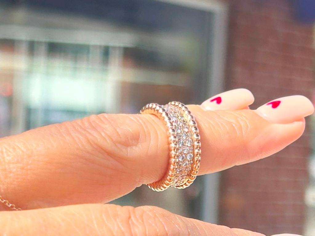 Van Cleef and Arpels 18K Rose Gold Perlee' 3 Row Diamond Ring 1.11 Carats In Good Condition For Sale In Beverly Hills, CA