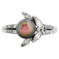 Van Cleef and Arpels 18K White Gold Black Pearl and Diamond Cluster Ring