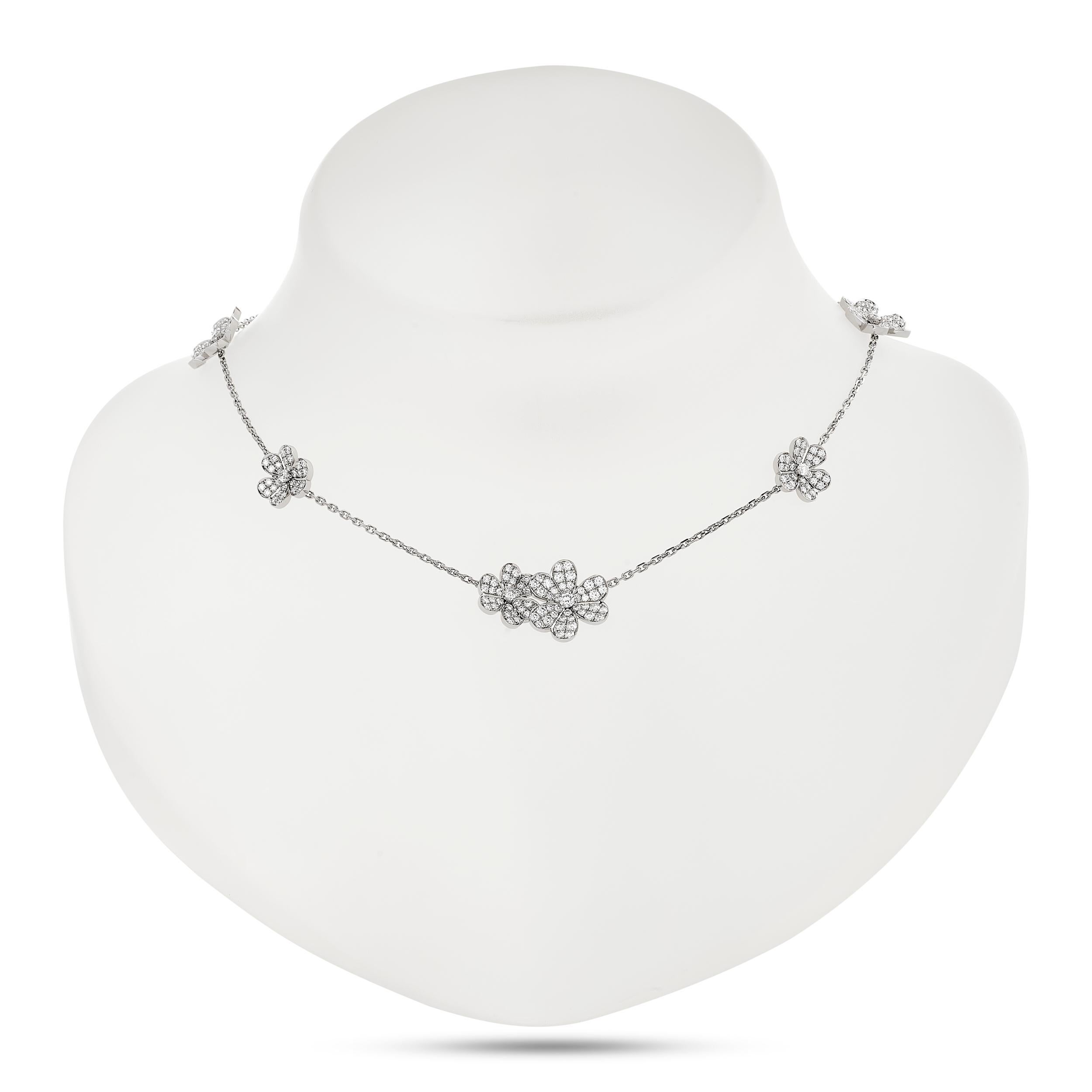 Captivating petals of luxury: Van Cleef & Arpels' diamond flower necklace, a masterpiece of elegance and grace.

This necklace has 9 diamond flower petals that have a total of 327 round brilliant cut diamonds that weigh approximately 5.12 carats;
