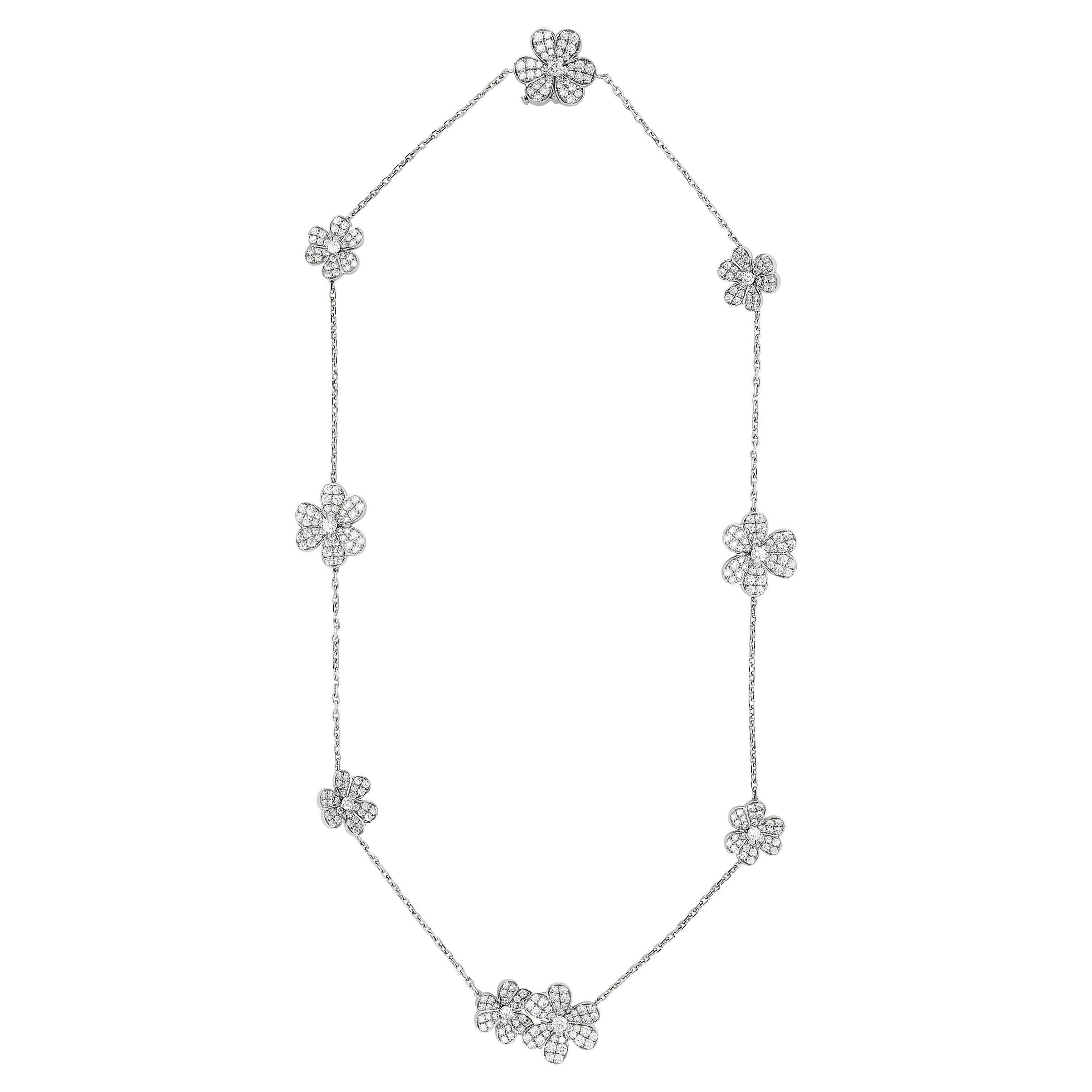 Van Cleef and Arpels 18K White Gold Frivole Diamond 9 Flower Necklace For Sale