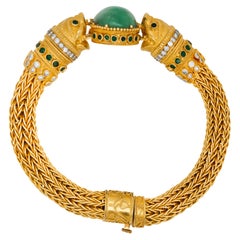 Van Cleef and Arpels 18K Yellow Gold Cabochon Emerald Lion Head Bangle Bracelet