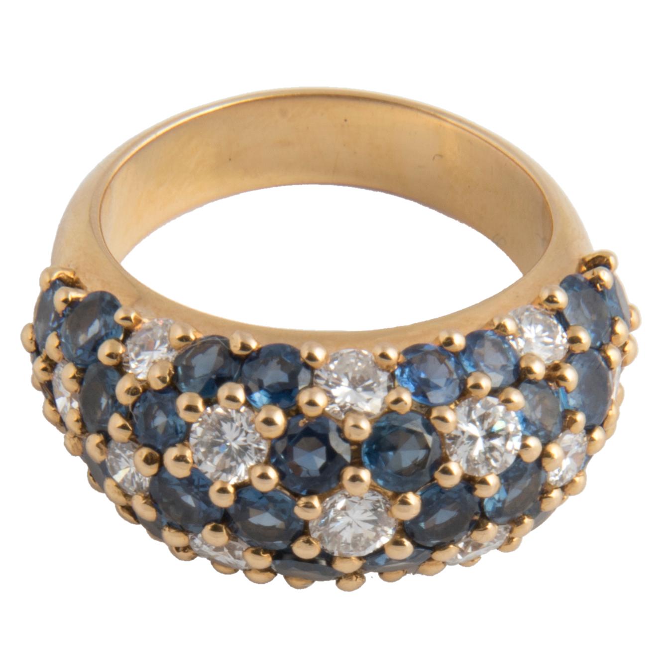 Round Cut Van Cleef and Arpels 18k Yellow Gold Diamond and Blue Sapphire Dome Ring For Sale