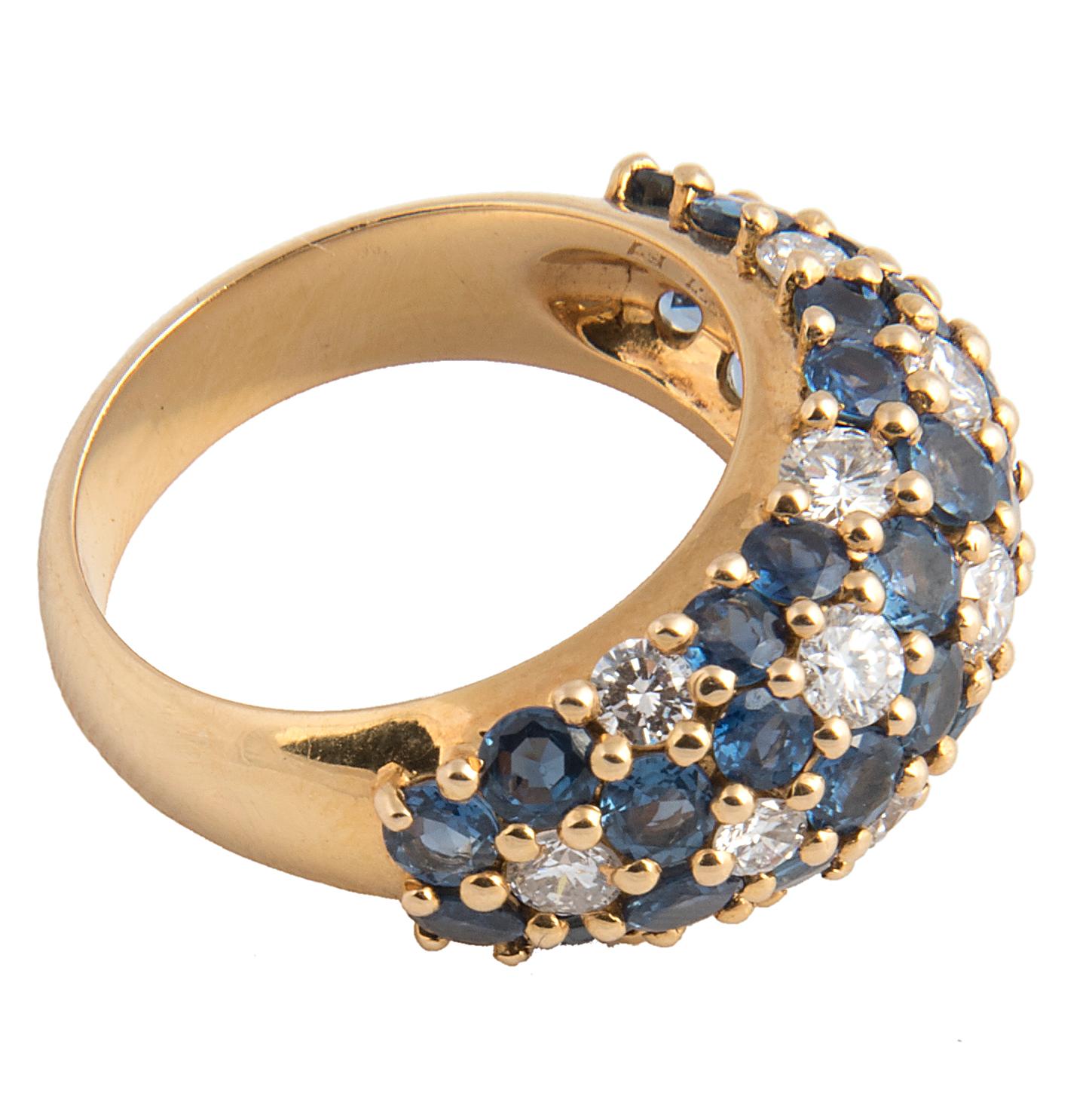 Van Cleef and Arpels 18k Yellow Gold Diamond and Blue Sapphire Dome Ring In Good Condition For Sale In London, GB