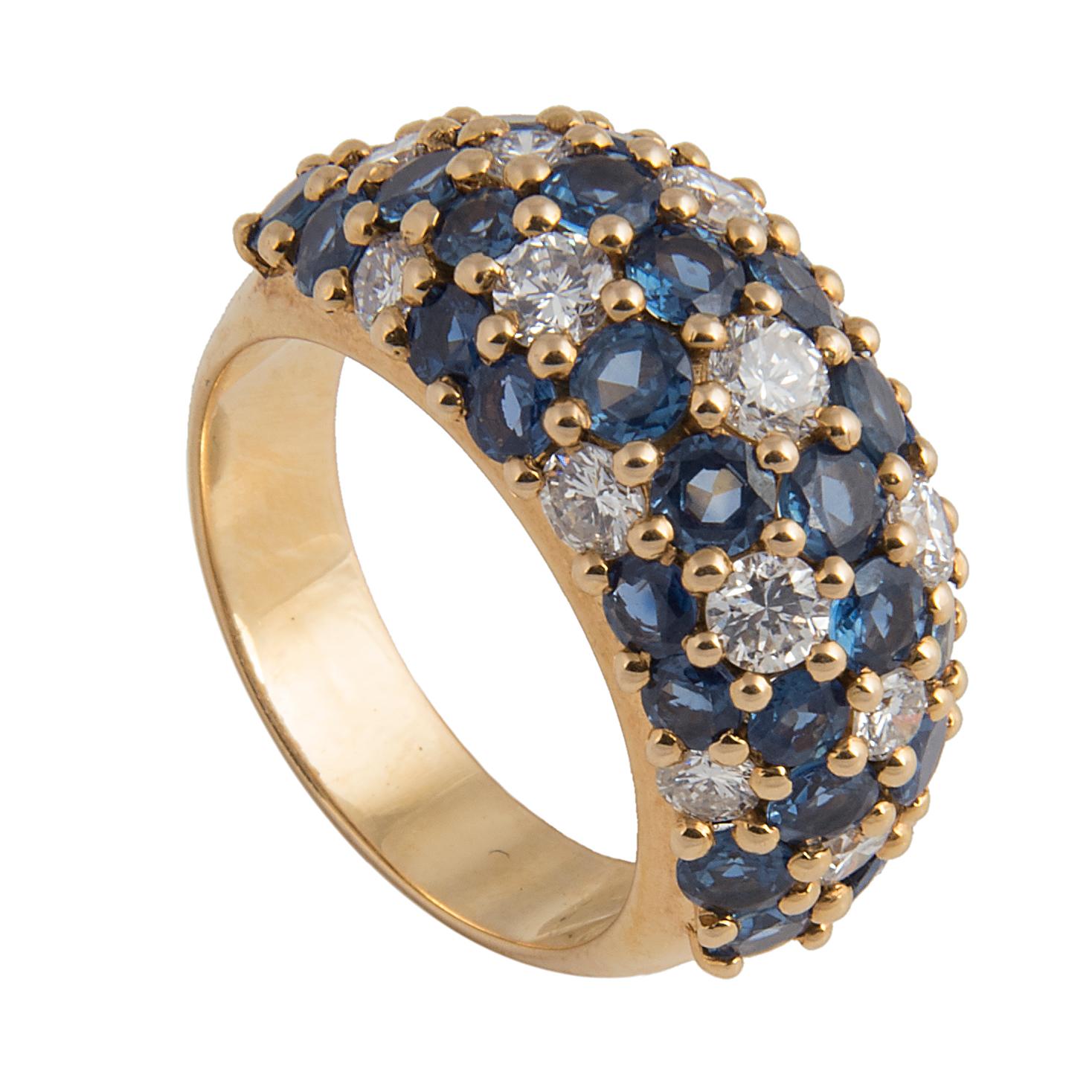 Van Cleef and Arpels 18k Yellow Gold Diamond and Blue Sapphire Dome Ring For Sale