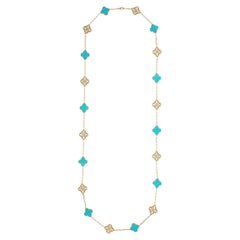 Van Cleef and Arpels 18KYG Alhambra 20 Motif Turquoise and Diamond Necklace; 33"