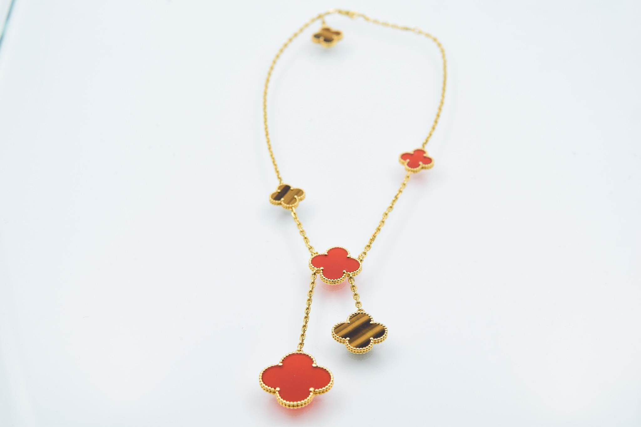 Van Cleef & Arpels 6 Motif Carnelian and Tigers Eye Alhambra Necklace In Excellent Condition In Carmel, IN