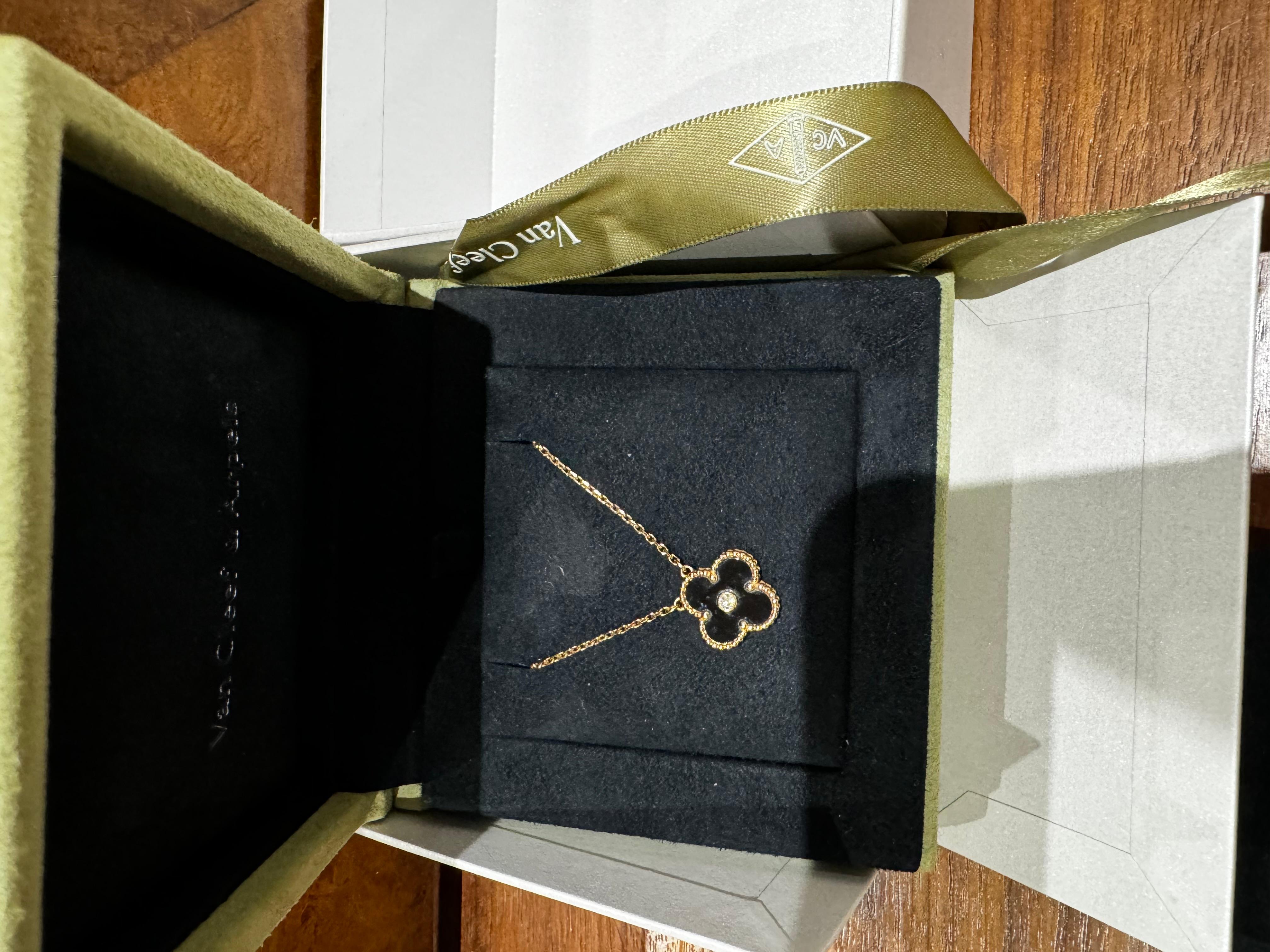 Brilliant Cut Van Cleef and Arpels Alhambra Holiday Diamond Onyx Pendant Necklace For Sale