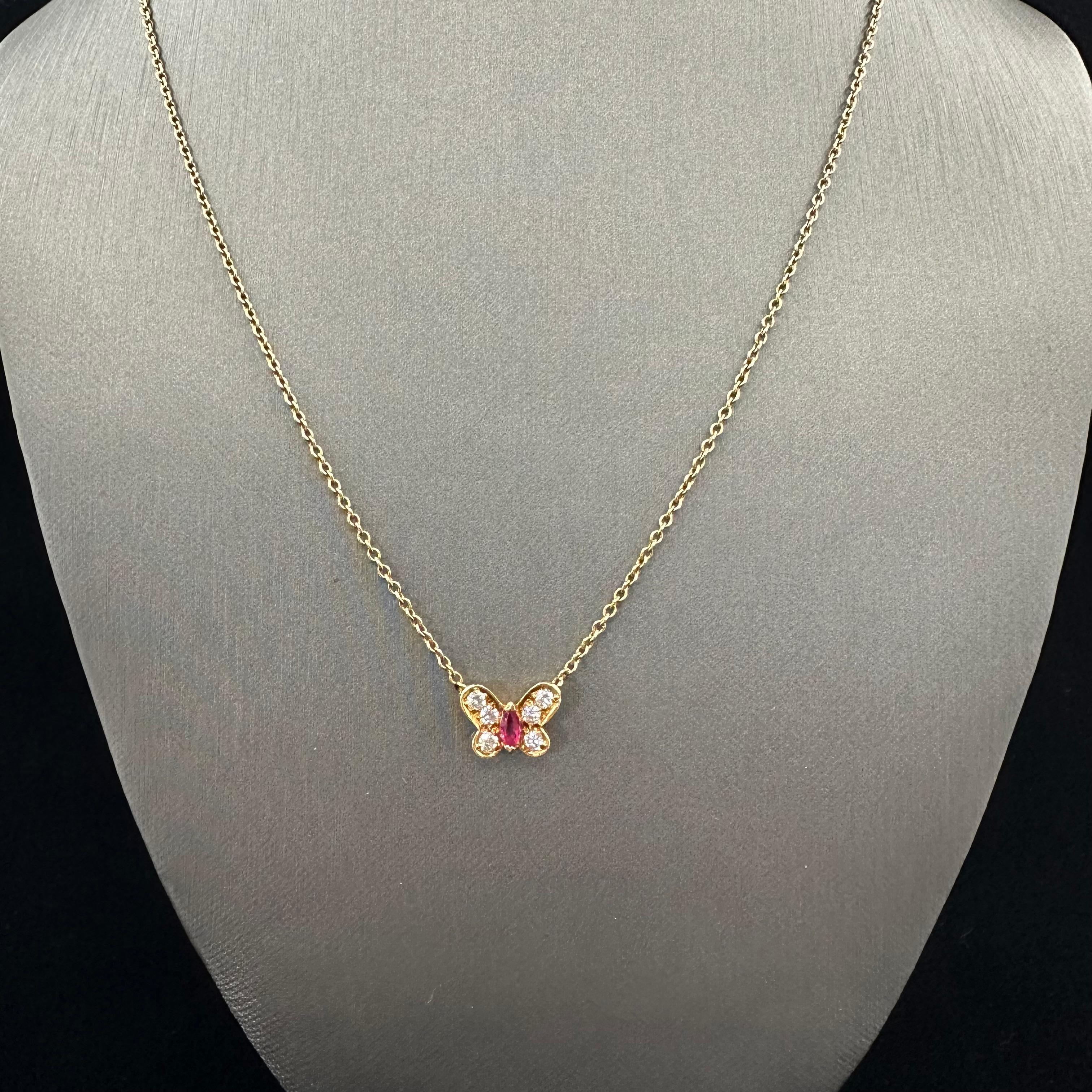 1970's VCA Butterfly Necklace Ruby Marques cut center and Six Rounds. Hallmarked vca 750 Numbered
 18 inch necklace adjustable to 16
Unpolished original patina , 

