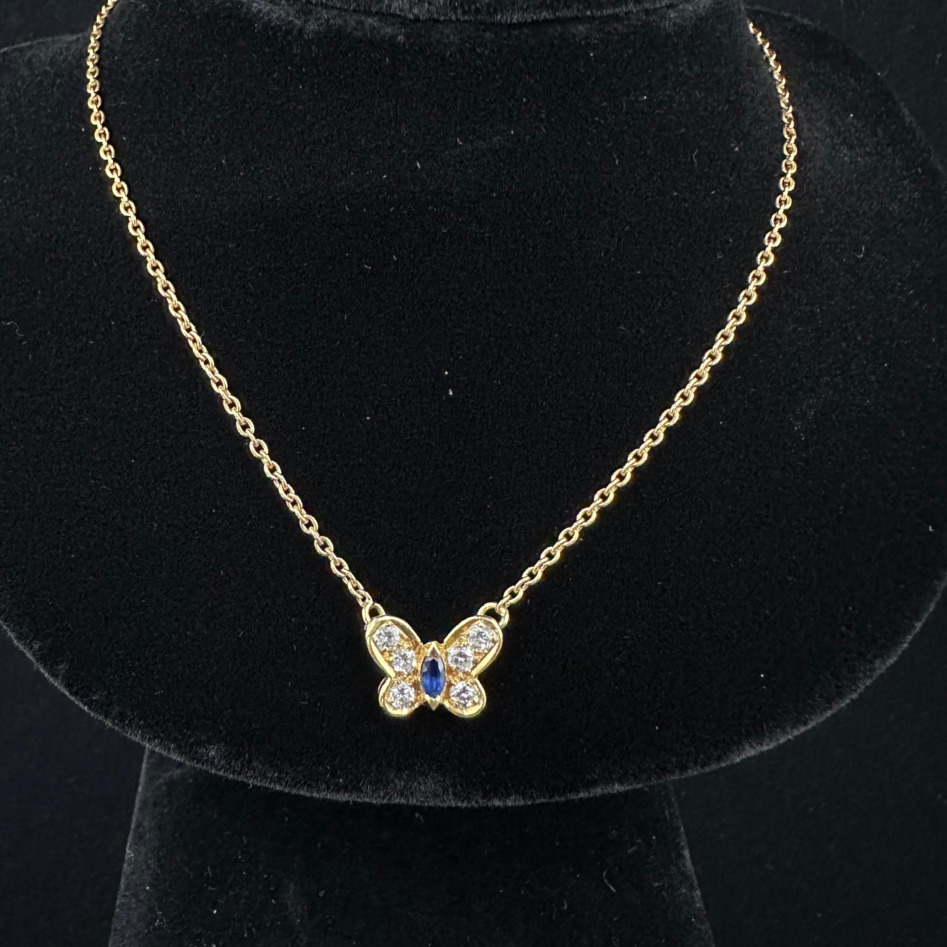 1970's VCA Butterfly Necklace Blue Sapphire  Marquises cut center and Six Rounds. Hallmarked vca 750 Numbered
 18 inch necklace adjustable to 16
Unpolished original patina ,
 
