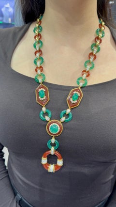 Van Cleef And Arpels Carnelian Chrysoprase Sautoir Necklace and Earrings Set