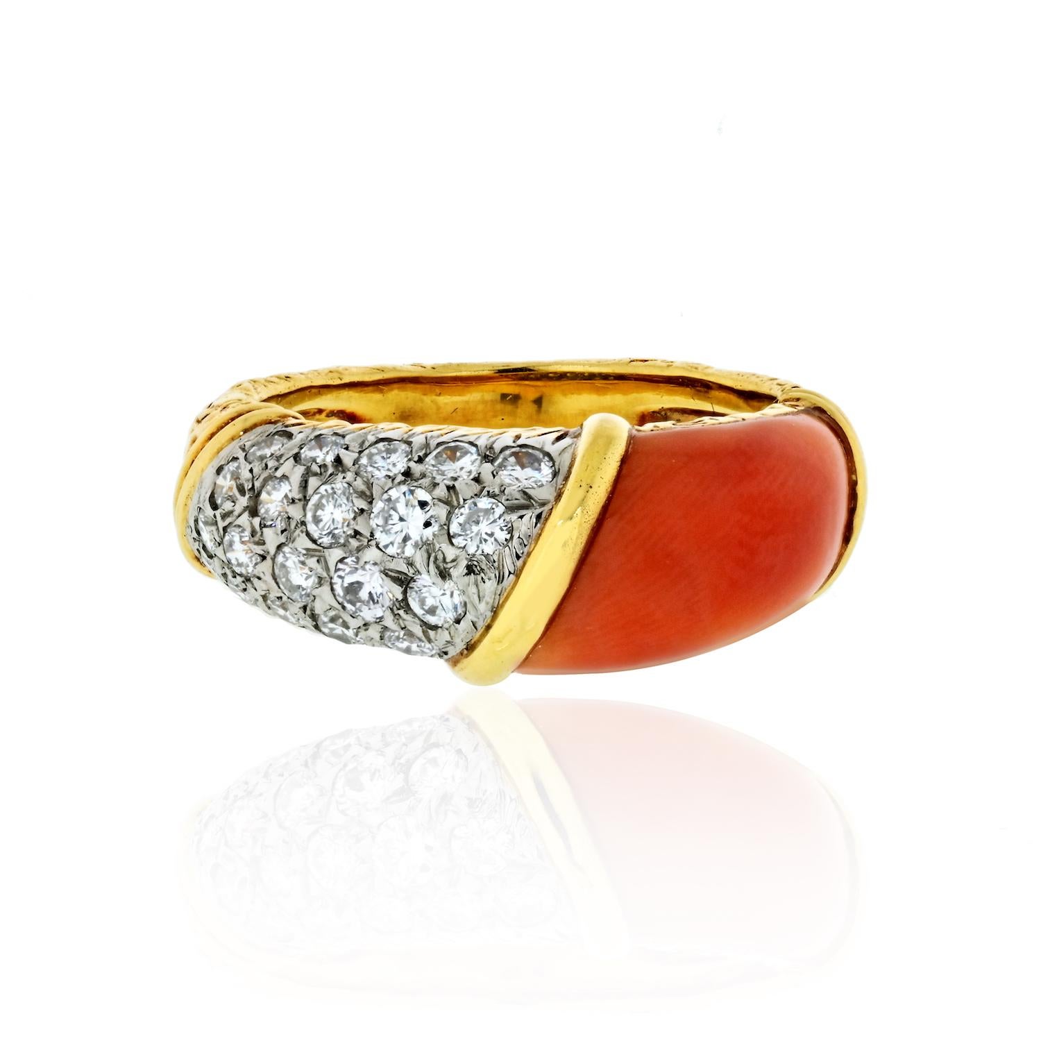 Round Cut Van Cleef & Arpels circa 1960 Coral and Diamond Band Ring