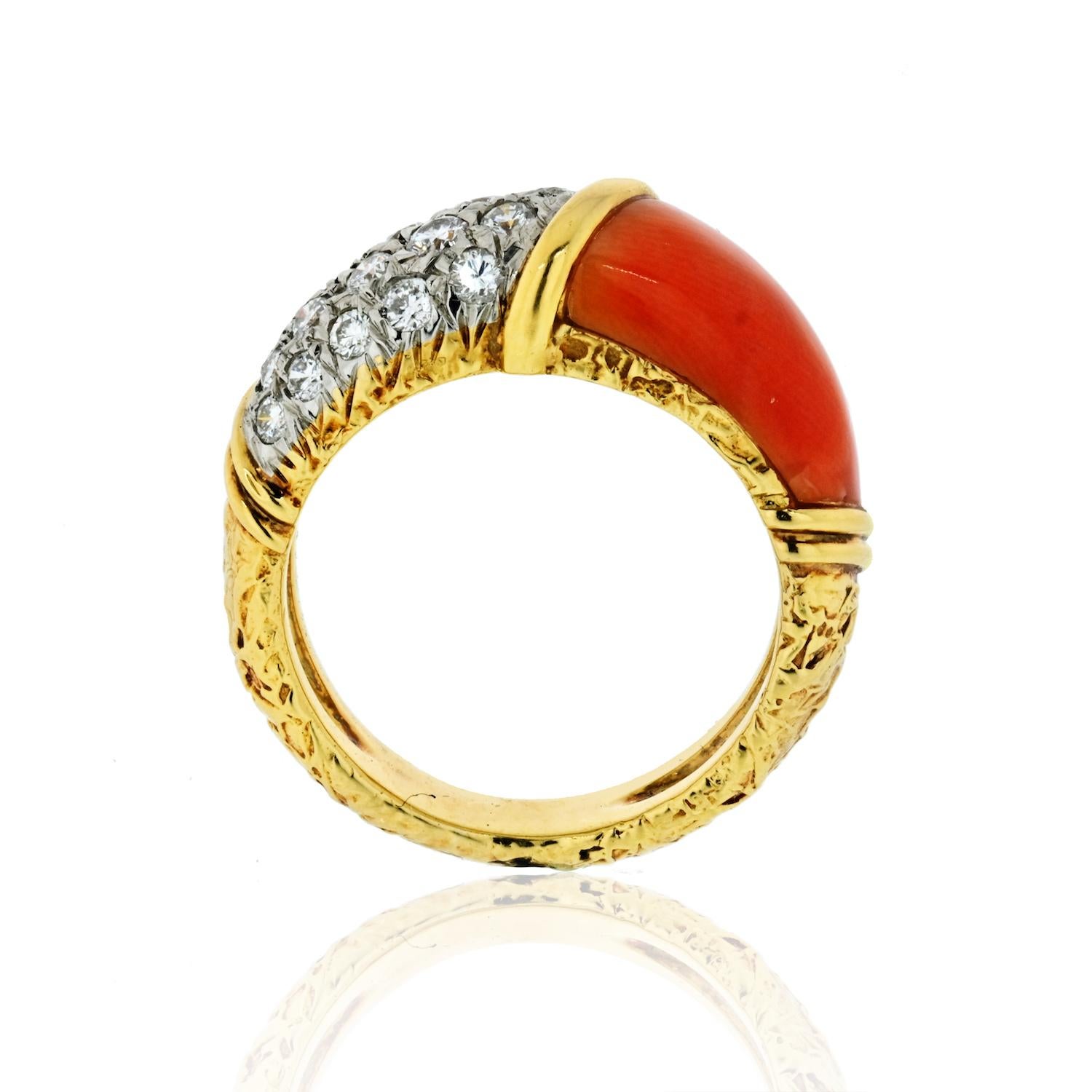 Women's or Men's Van Cleef & Arpels circa 1960 Coral and Diamond Band Ring