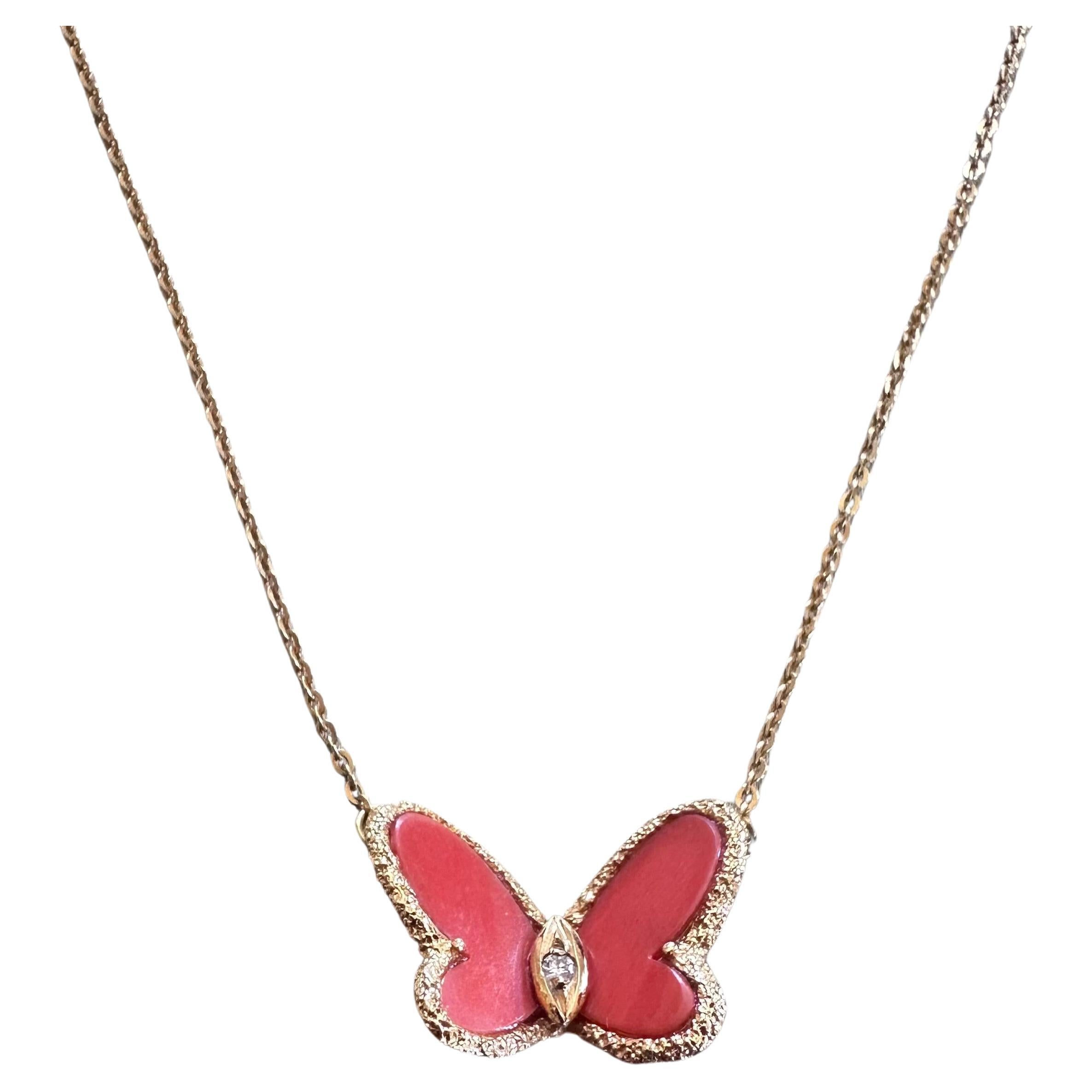 Van Cleef and Arpels Coral Butterfly Necklace 18k Yellow Gold