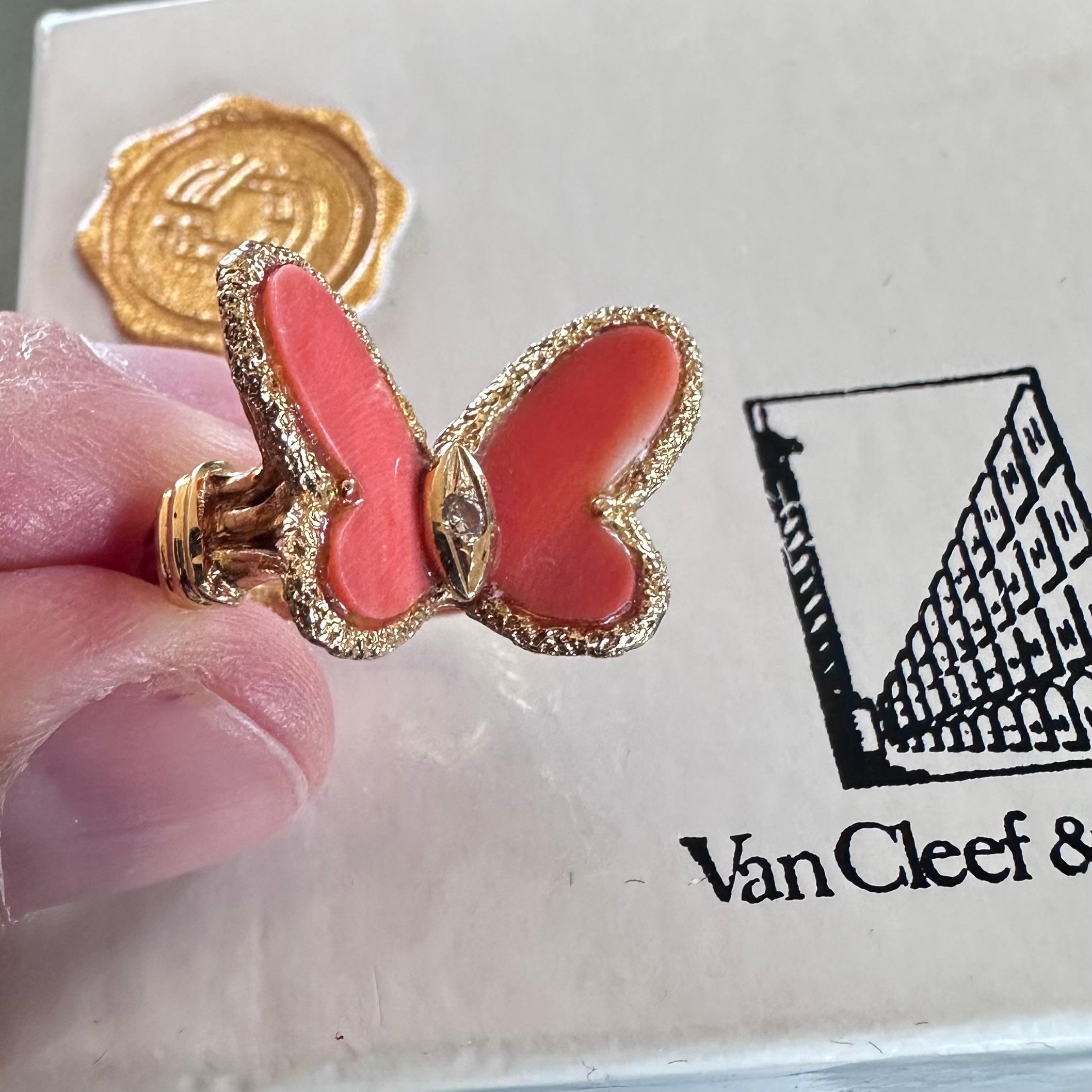 Uncut Van Cleef and Arpels Coral Butterfly Ring 18k Yellow Gold  For Sale