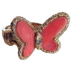 Vintage Van Cleef and Arpels Coral Butterfly Ring 18k Yellow Gold 