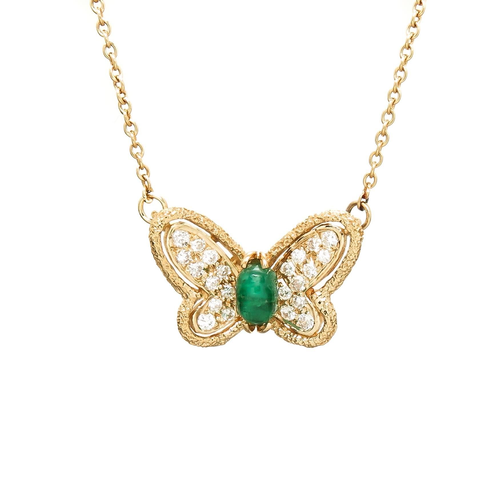 Van Cleef & Arpels Diamond and Emerald Butterfly Pendant Necklace, 1980s