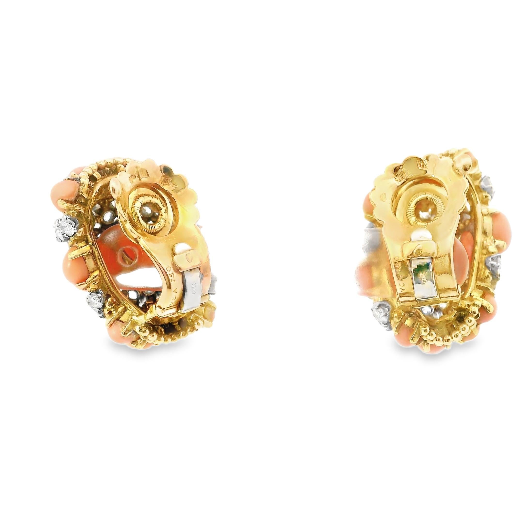 Round Cut Van Cleef and Arpels Diamond and Coral Earrings circa 1960's France