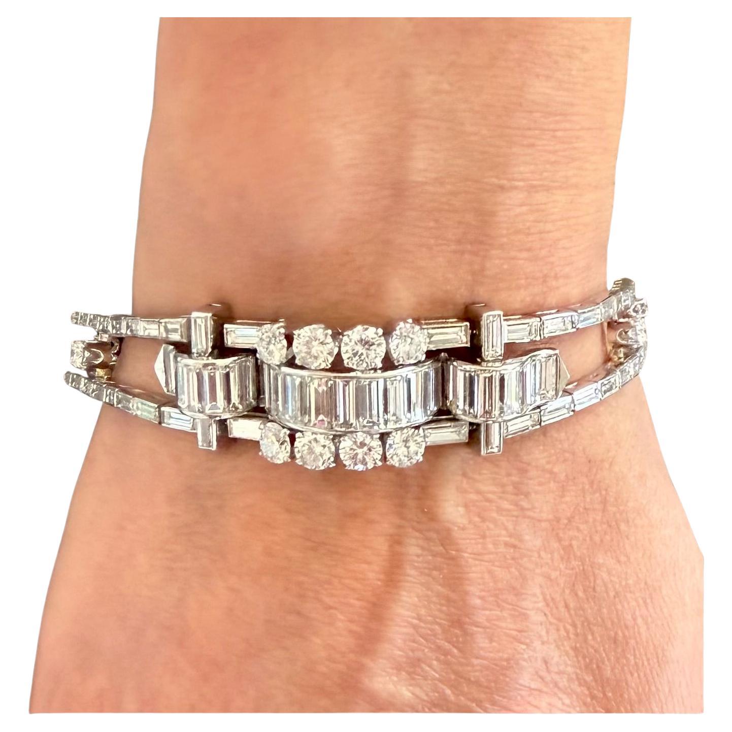 Vintage French Van Cleef and Arpels Diamond Platinum Bracelet ,
6.75 inches 
15 cts Round Diamond And Baguette Diamonds 
D E Color 
VVS Clarity 
Signed NY Numbered and Van Cleef & Arpels 
Platinum