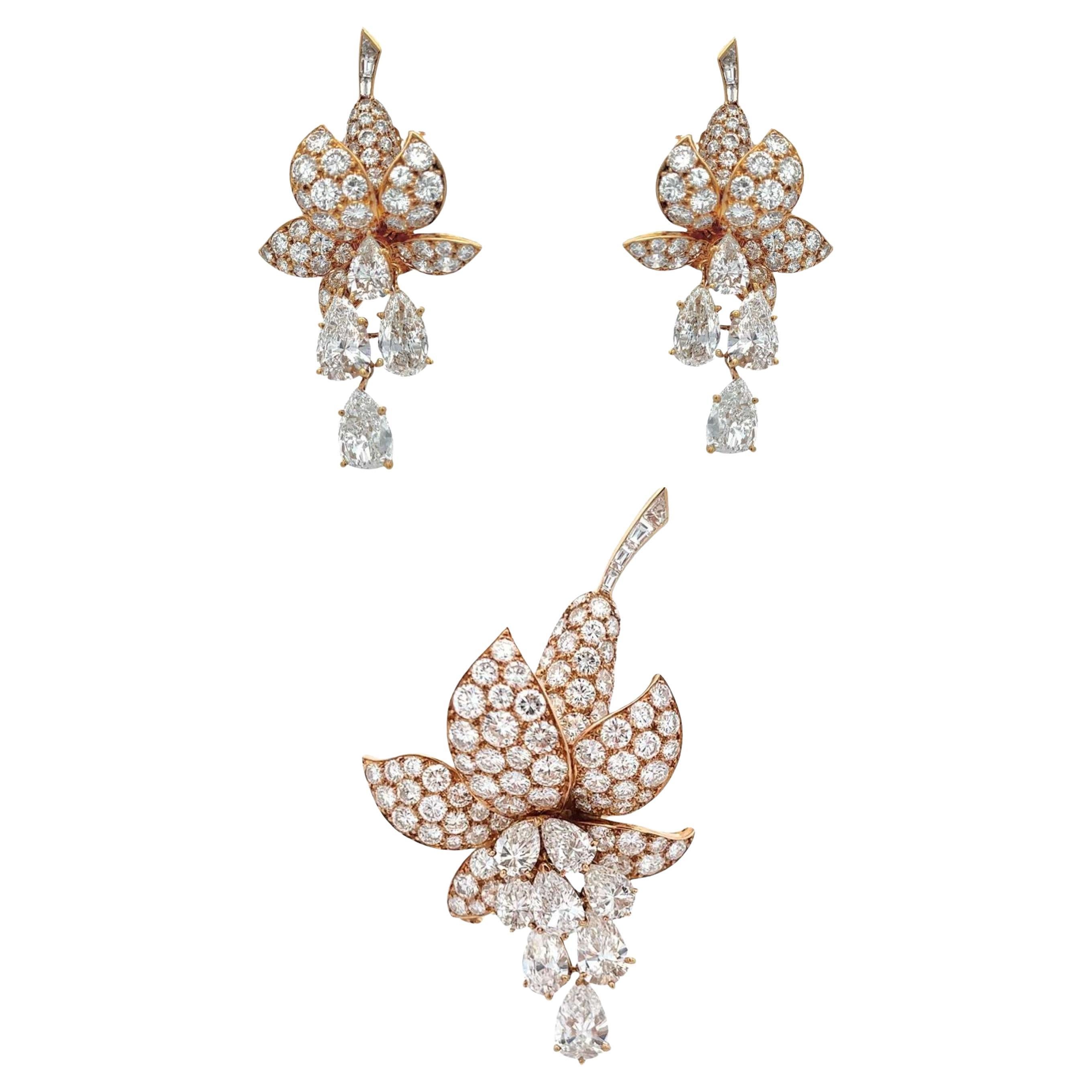 Van Cleef and Arpels Diamond Floral Earrings and Brooch Set