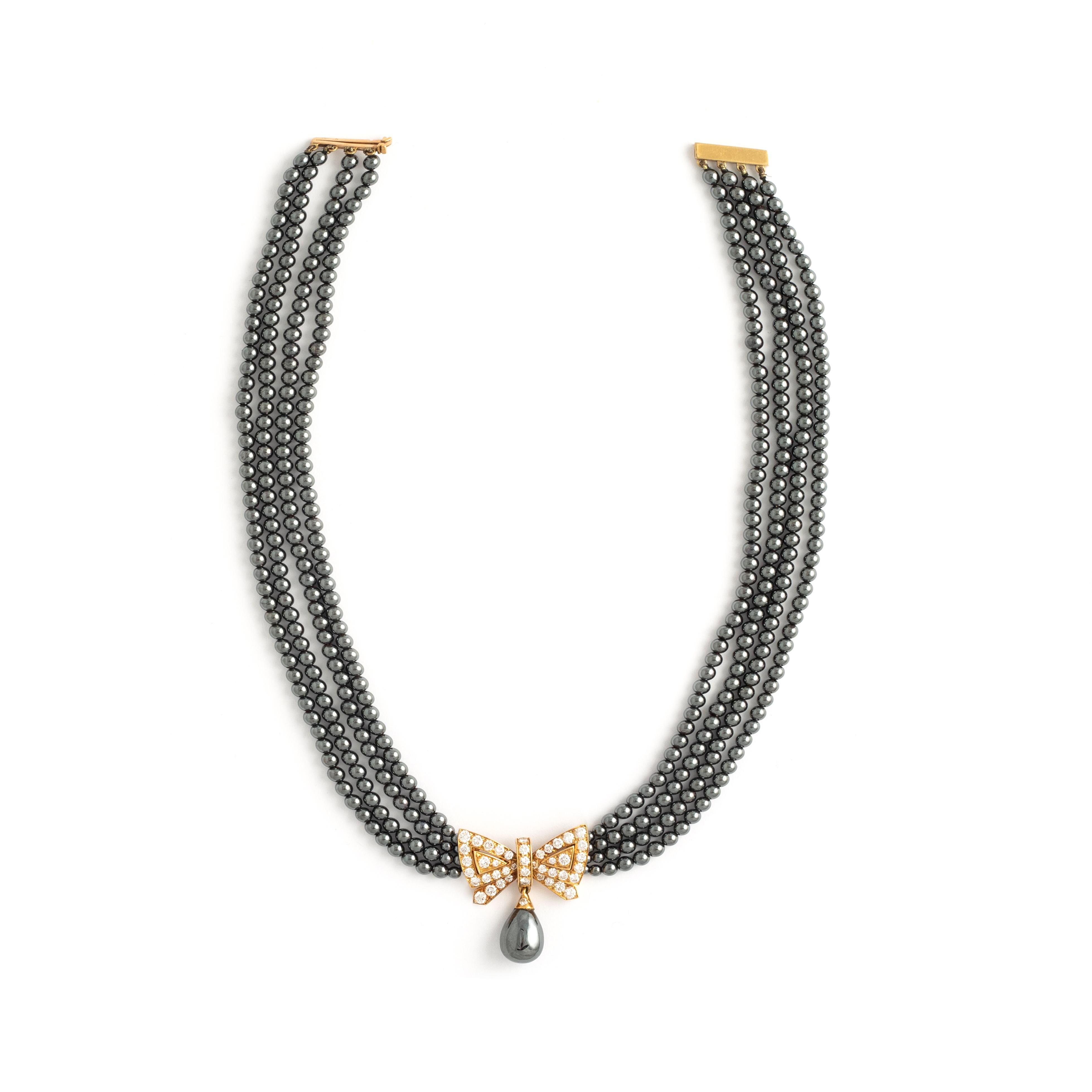 Round Cut Van Cleef and Arpels Diamond Hematite Necklace and Earrings Set For Sale