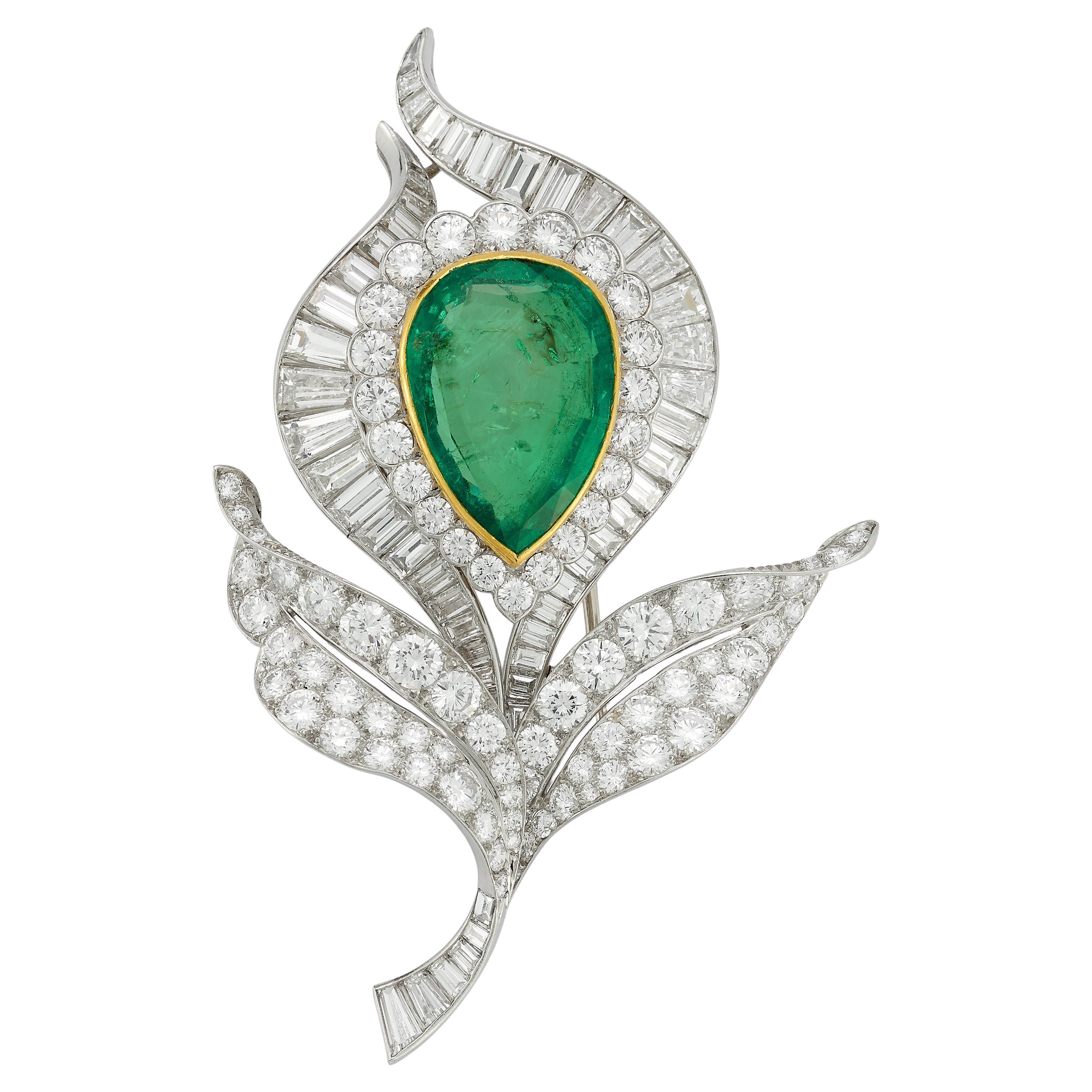 Van Cleef and Arpels Emerald and Diamond Floral Brooch For Sale