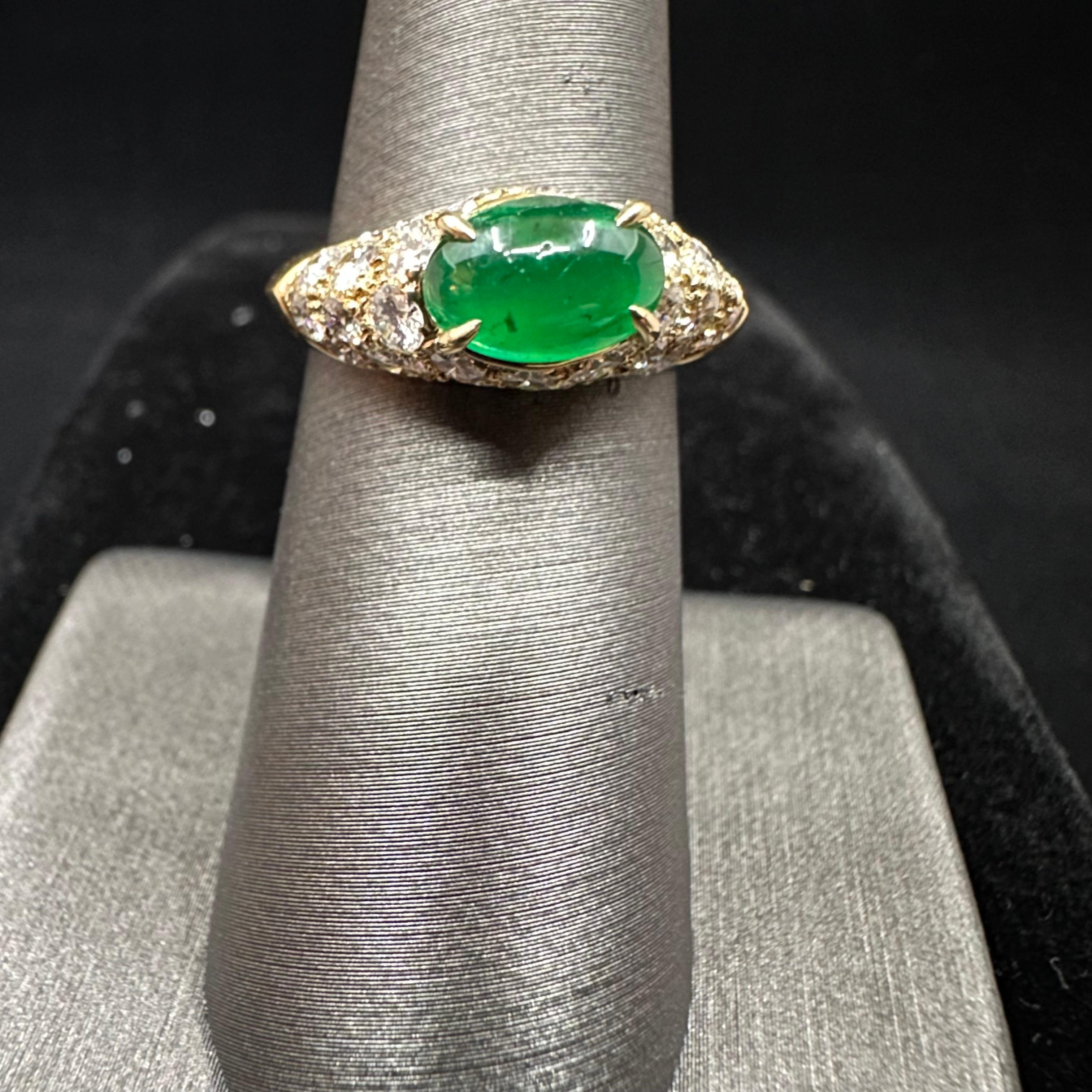 Van Cleef & Arpels
Stacking Band
Green Emerald Cabochon & Diamonds Stacking Ring, this variation also produced in ruby and sapphire from the  1970's 
Measurements:  8.2 mm x 5.5 mm x 2.8 mm
Green Emerald:  1.35 ct 
32 Round Brilliant cut