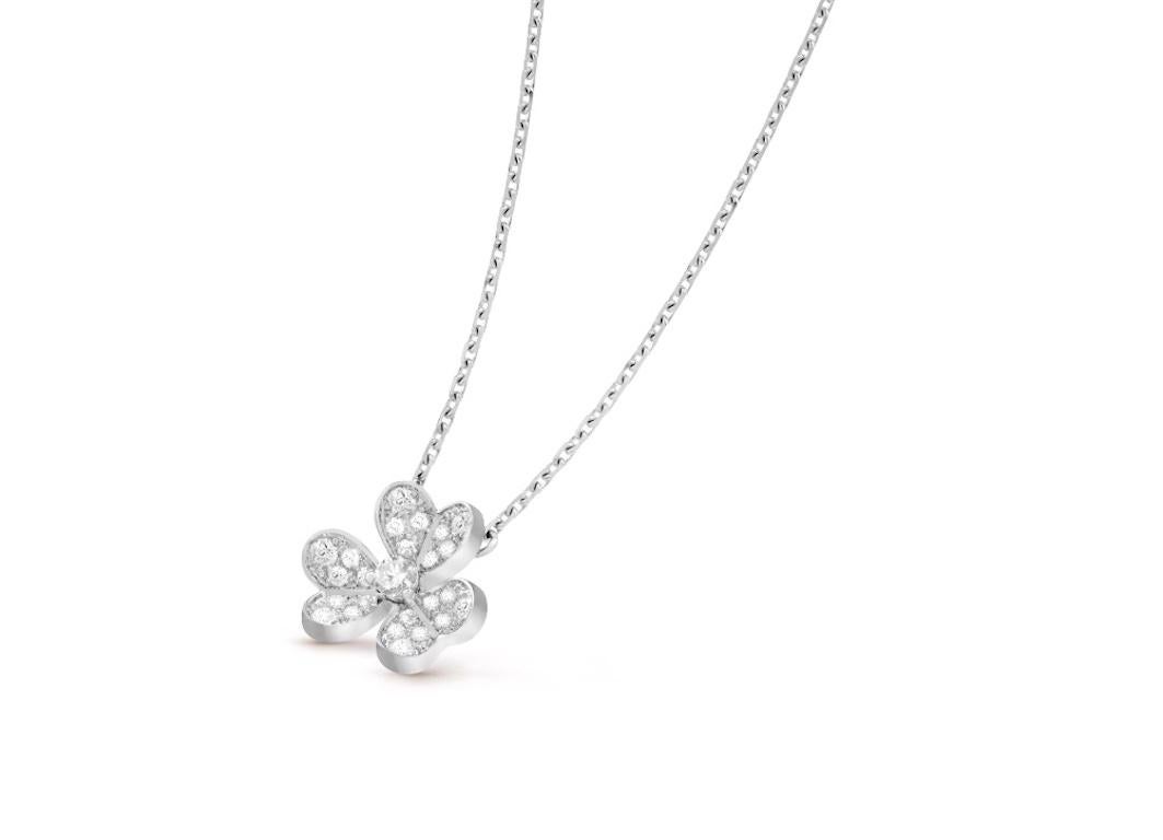 Van Cleef and Arpels Diamond Pendent Chain Necklace.
Frivole collection.
Frivole Mini Pendant, white gold 18K, round diamonds. 
25 Diamond quality DEF, IF to VVS, approx. total 0.21 carat.
Chain length : 40.00 centimeters / 15.75 inches.

The