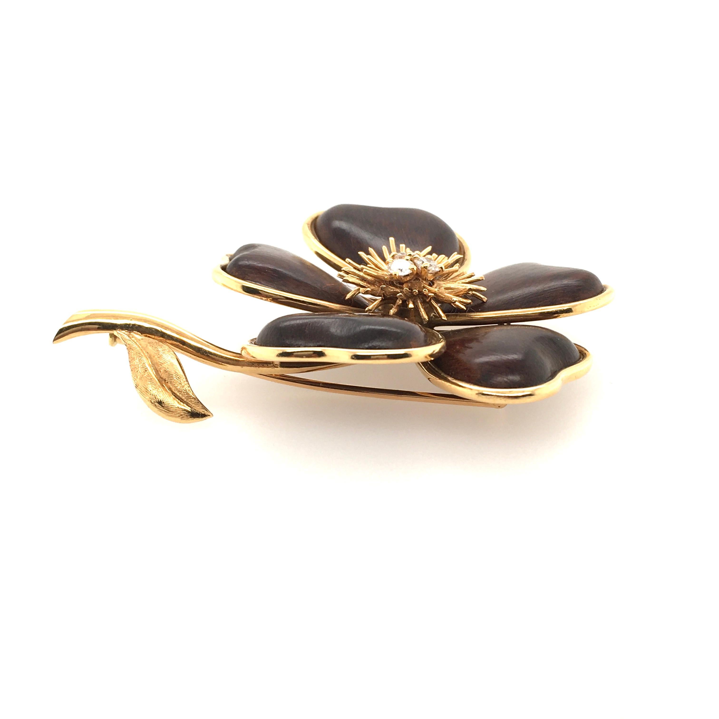 Van Cleef & Arpels Gold, Wood and Diamond Nerval Brooch In Excellent Condition In New York, NY