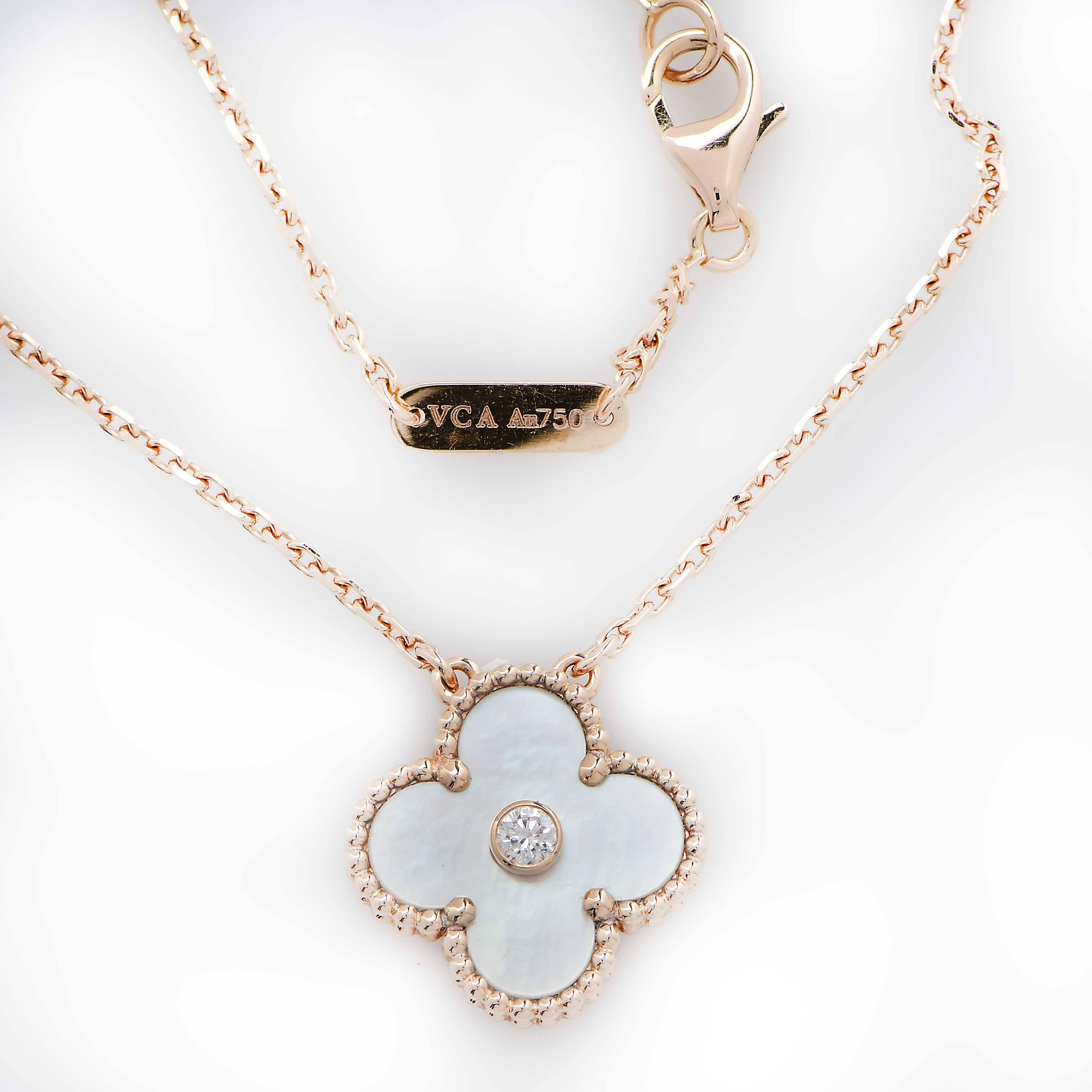 The limited-edition 2012 Vintage Alhambra necklace features a pink gold and white mother-of-pearl pendant with a sparkling round diamond in its center, symbolizing true love, health and good fortune. Organically produced from sea shells,