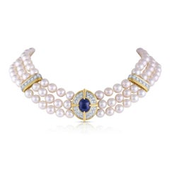 Van Cleef and Arpels Platinum 18 Karat Yellow Gold Sapphire Pearl Necklace