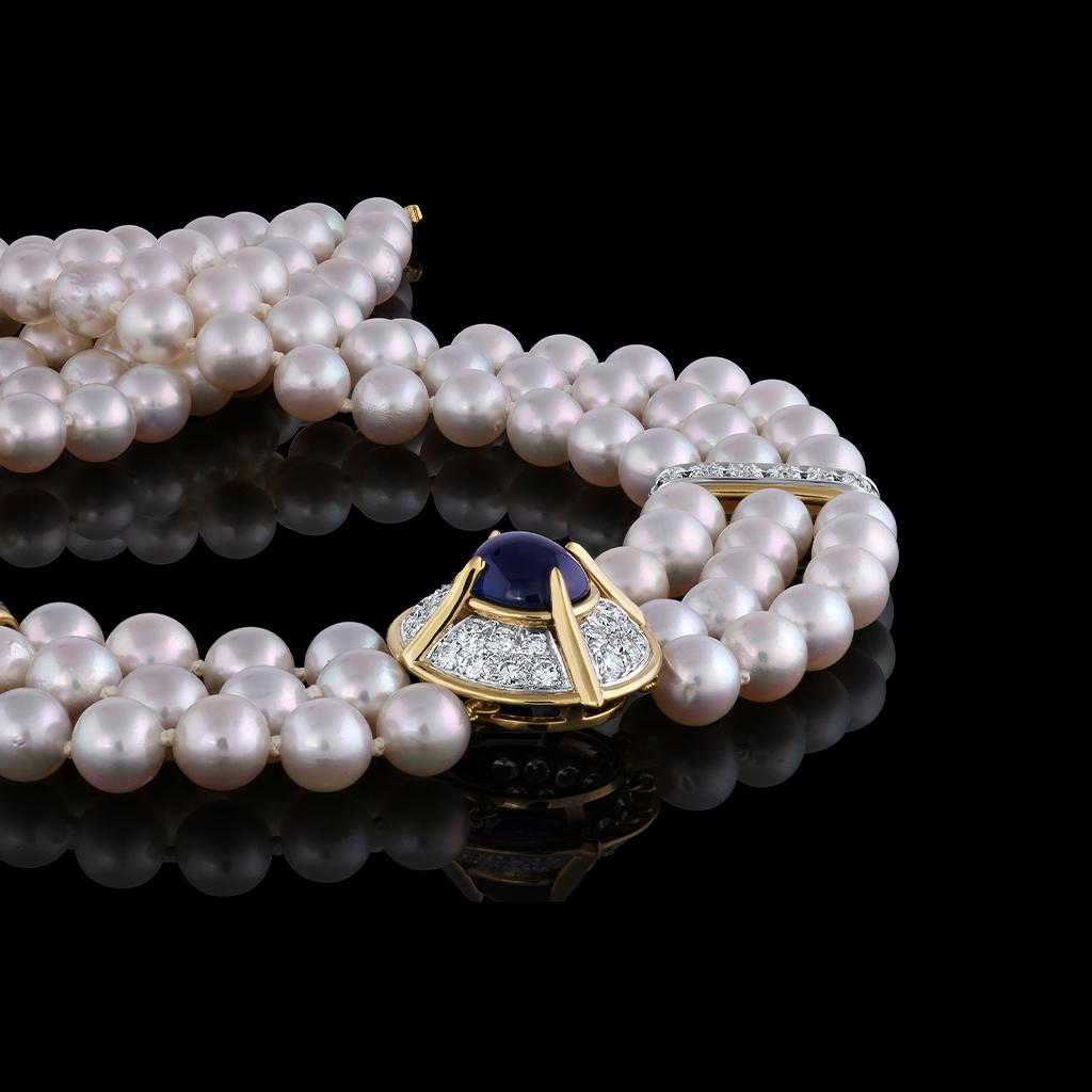 Van Cleef and Arpels Platin-Halskette aus 18 Karat Gelbgold mit Saphiren und Perlen im Zustand „Hervorragend“ im Angebot in La Jolla, CA