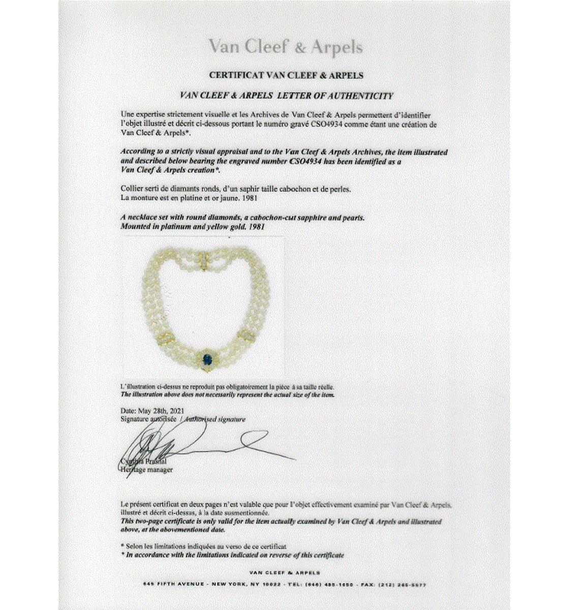 Round Cut Van Cleef and Arpels Platinum 18 Karat Yellow Gold Sapphire Pearl Necklace For Sale