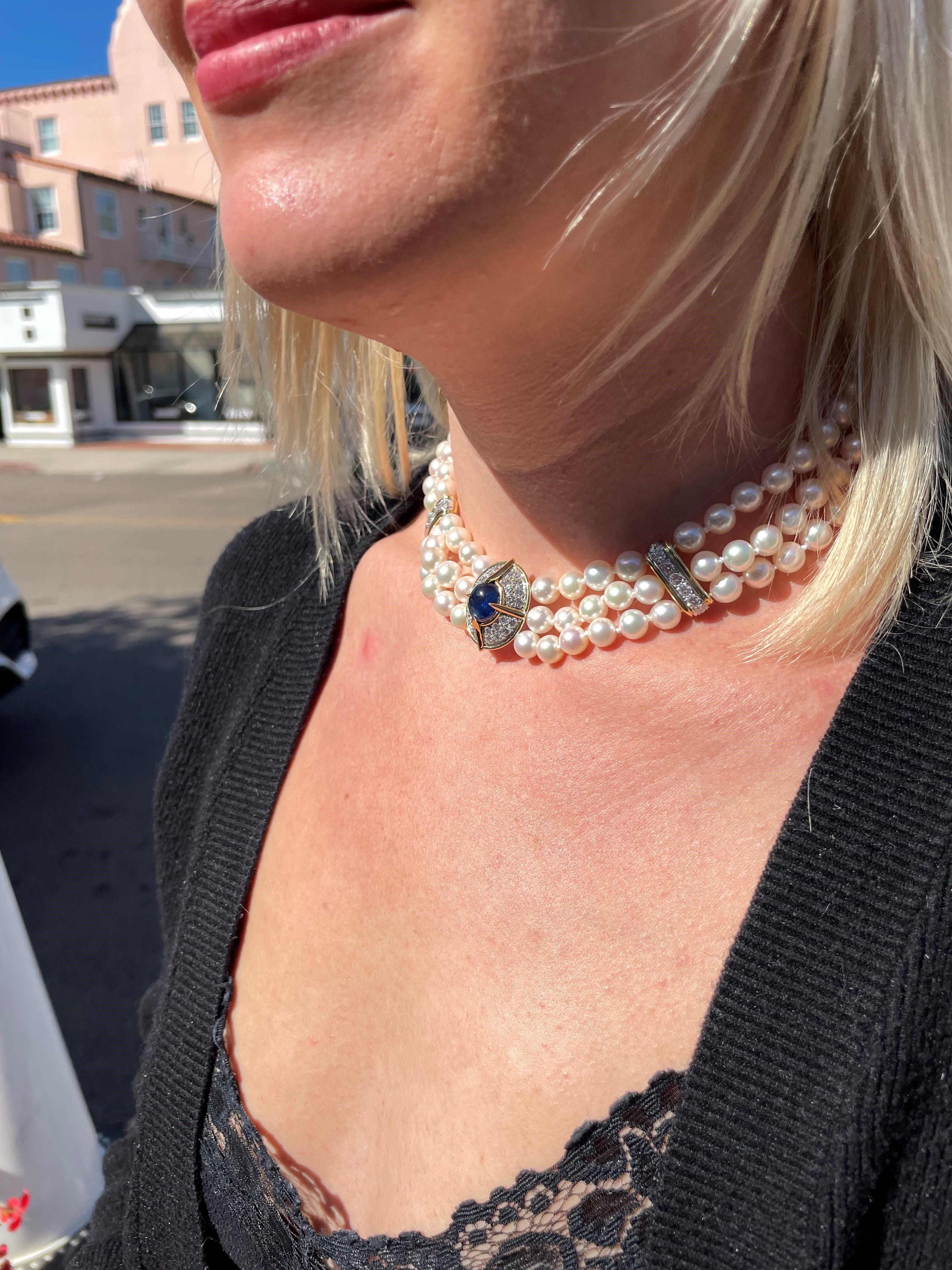 Van Cleef and Arpels Platinum 18 Karat Yellow Gold Sapphire Pearl Necklace In Excellent Condition For Sale In La Jolla, CA