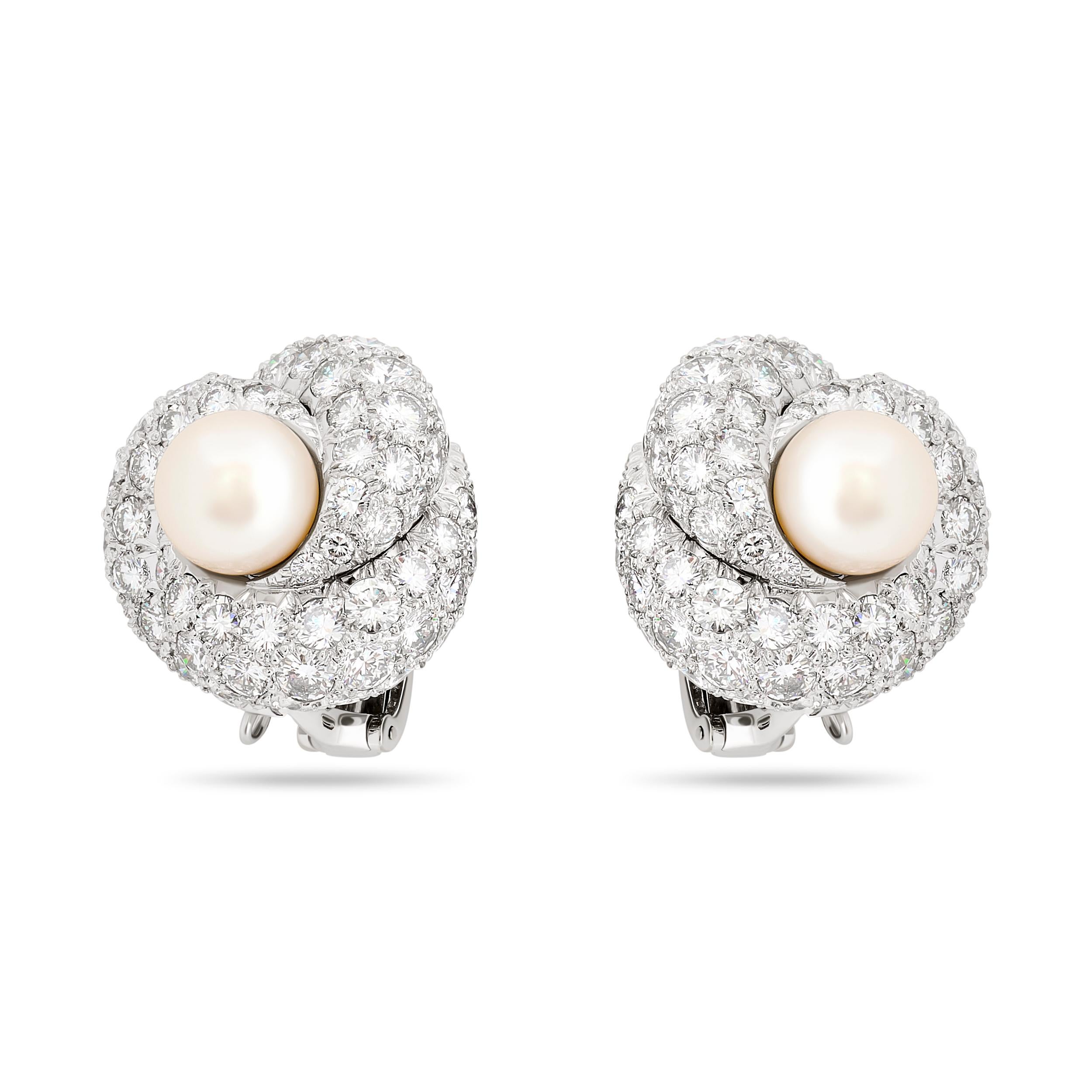Round Cut Van Cleef and Arpels Platinum Pearl and Diamond Swirl Earrings For Sale