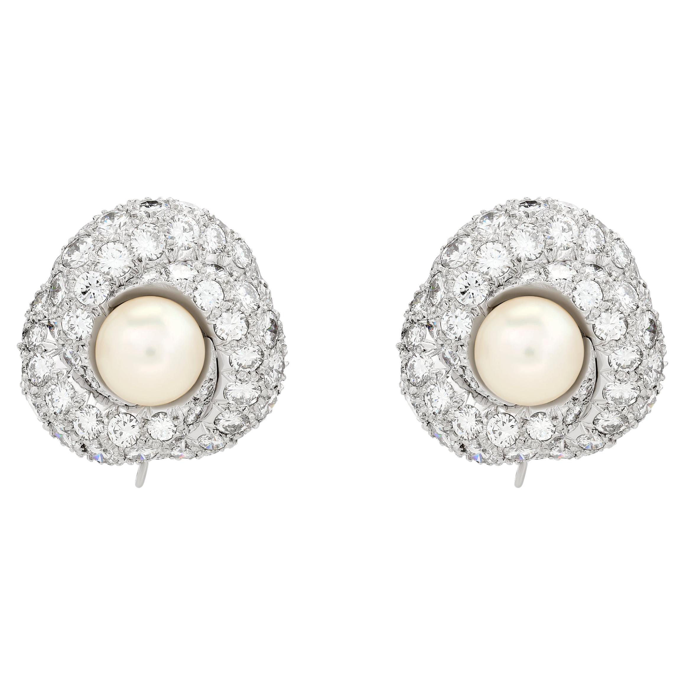 Van Cleef and Arpels Platinum Pearl and Diamond Swirl Earrings For Sale