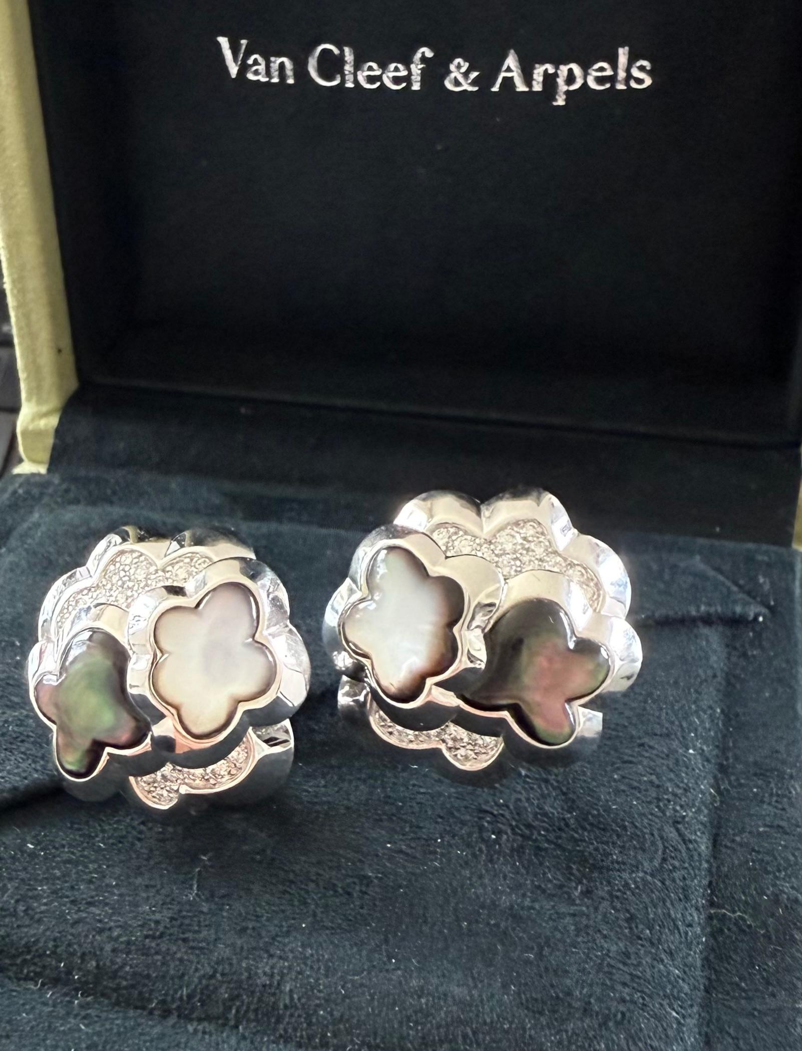 Van Cleef And Arpels PURE Alhambra Mother Of Pearl Diamonds Earrings In Excellent Condition In Beverly Hills, CA