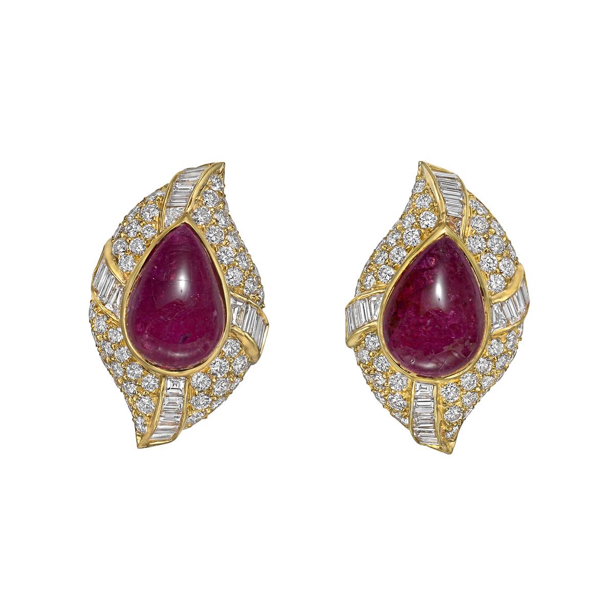 Cabochon Van Cleef & Arpels Ruby and Diamond Cluster Earclips