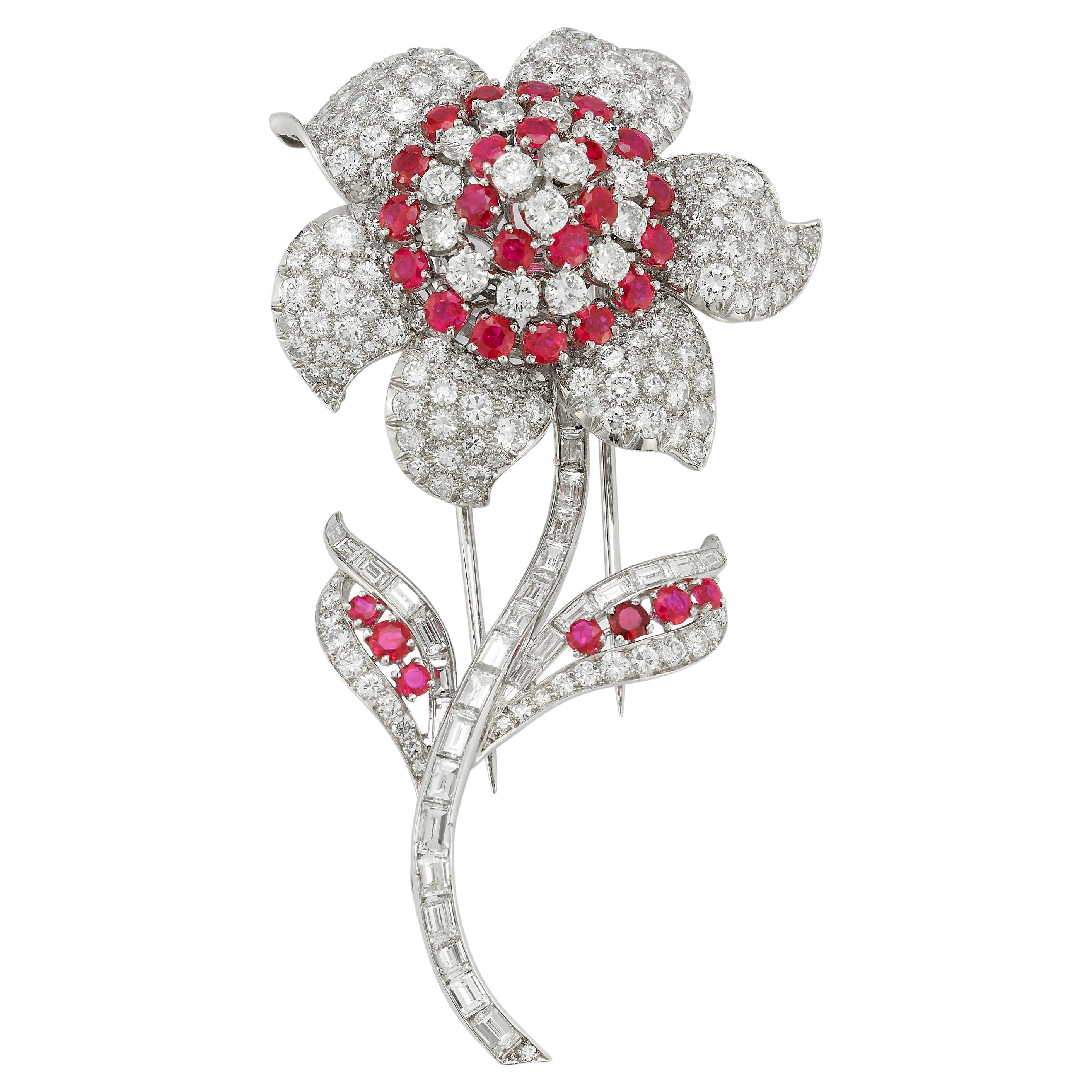 Van Cleef and Arpels Ruby and Diamond Flower Brooch