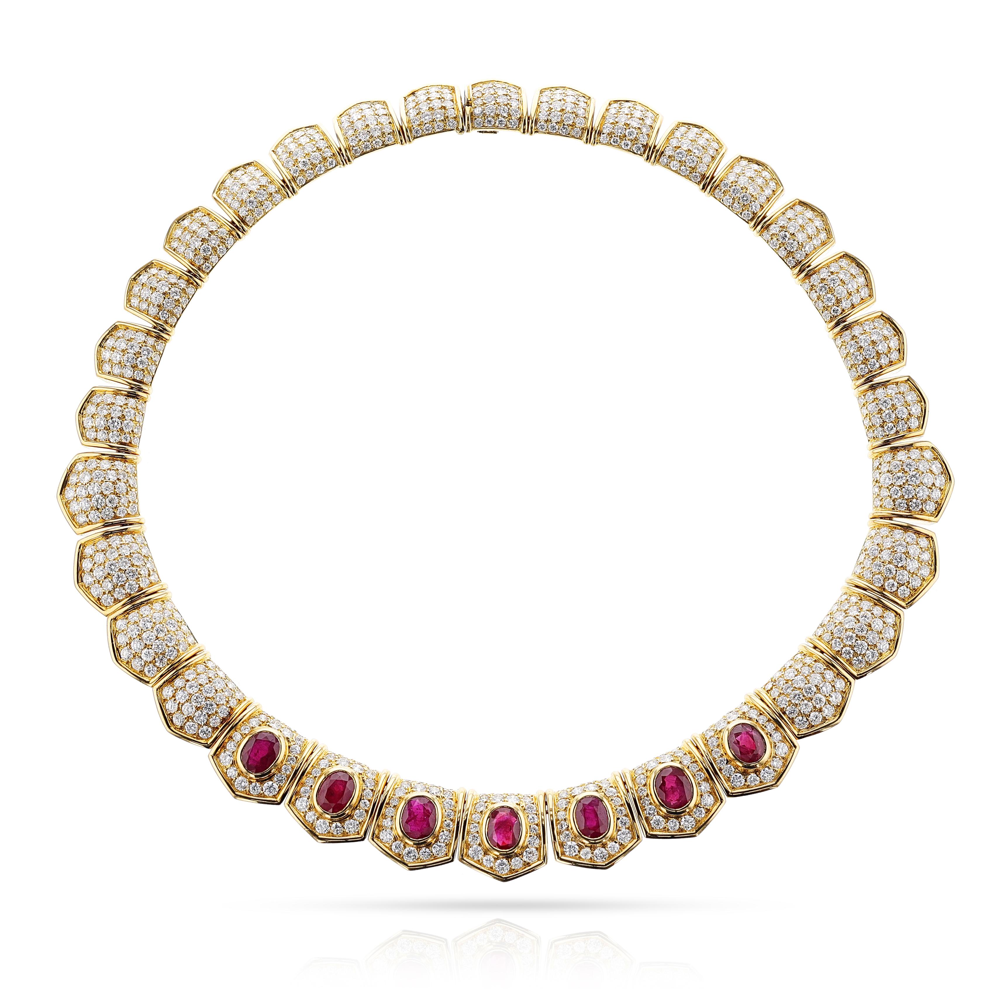 Women's or Men's Van Cleef and Arpels Ruby and Diamond, Necklace & Earrings, French, Maker's Mark For Sale